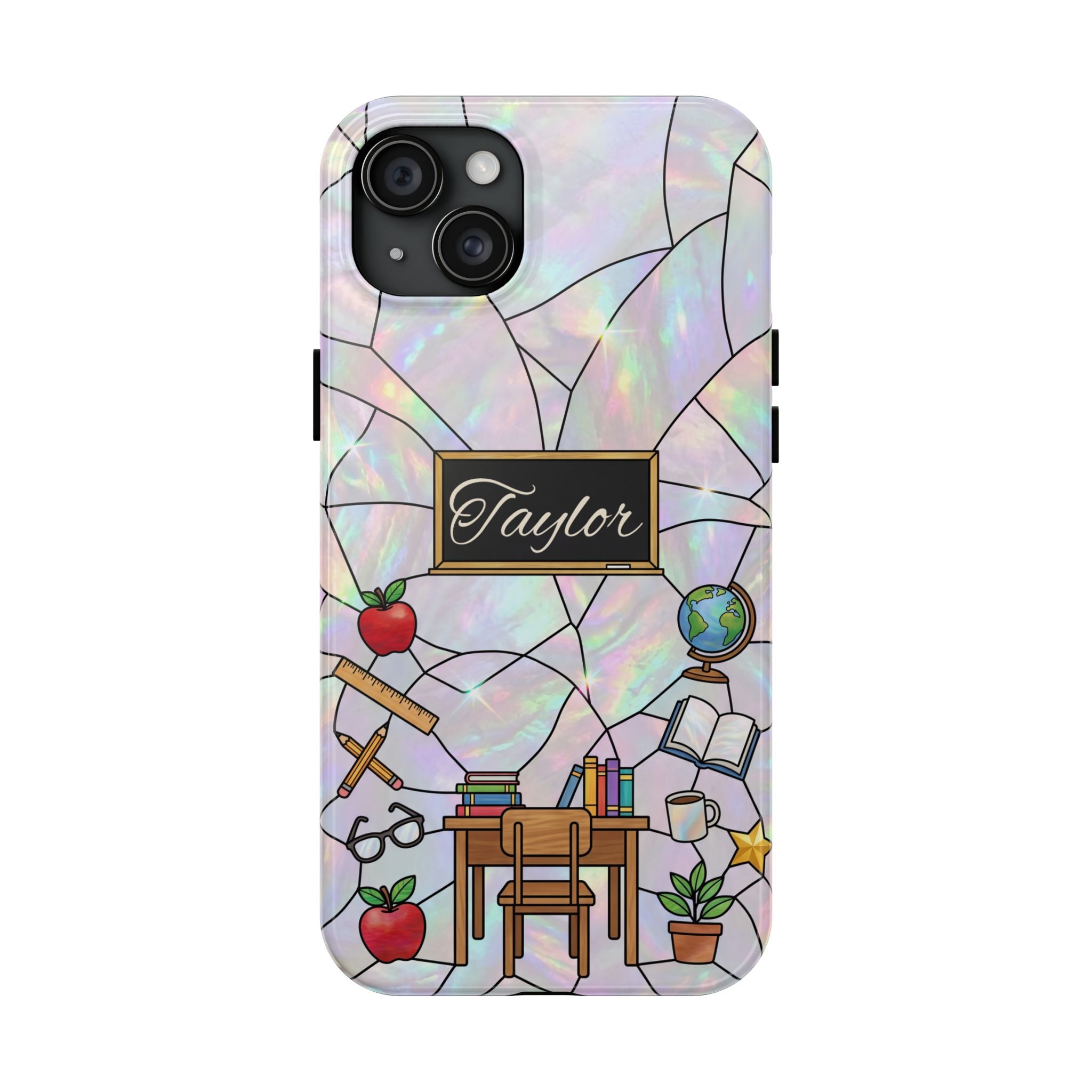 Personalized Teacher Phone Case — Custom Name Stained Glass Classroom Design