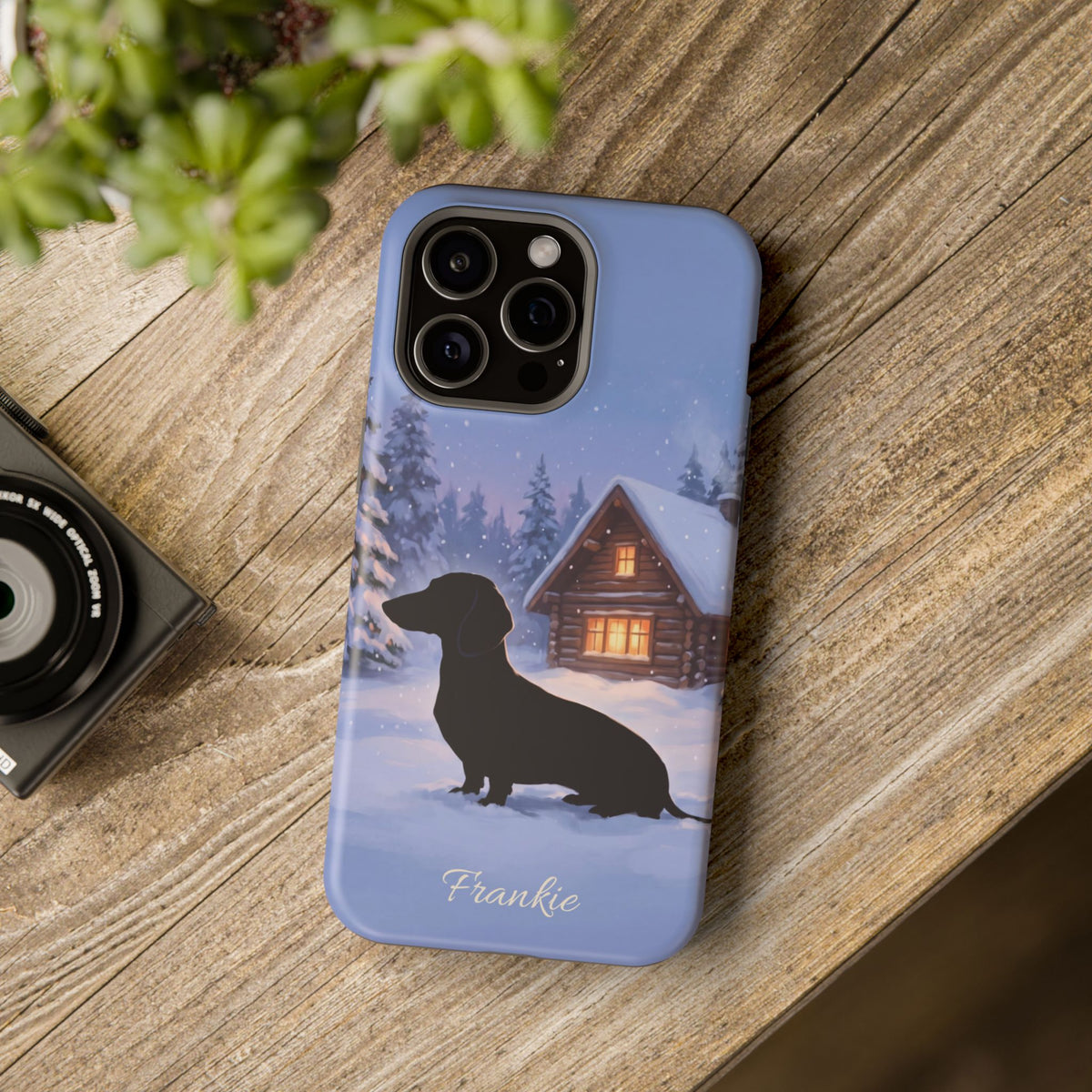 Personalized Dachshund Winter Cabin Phone Case — Wireless Charging Cover
