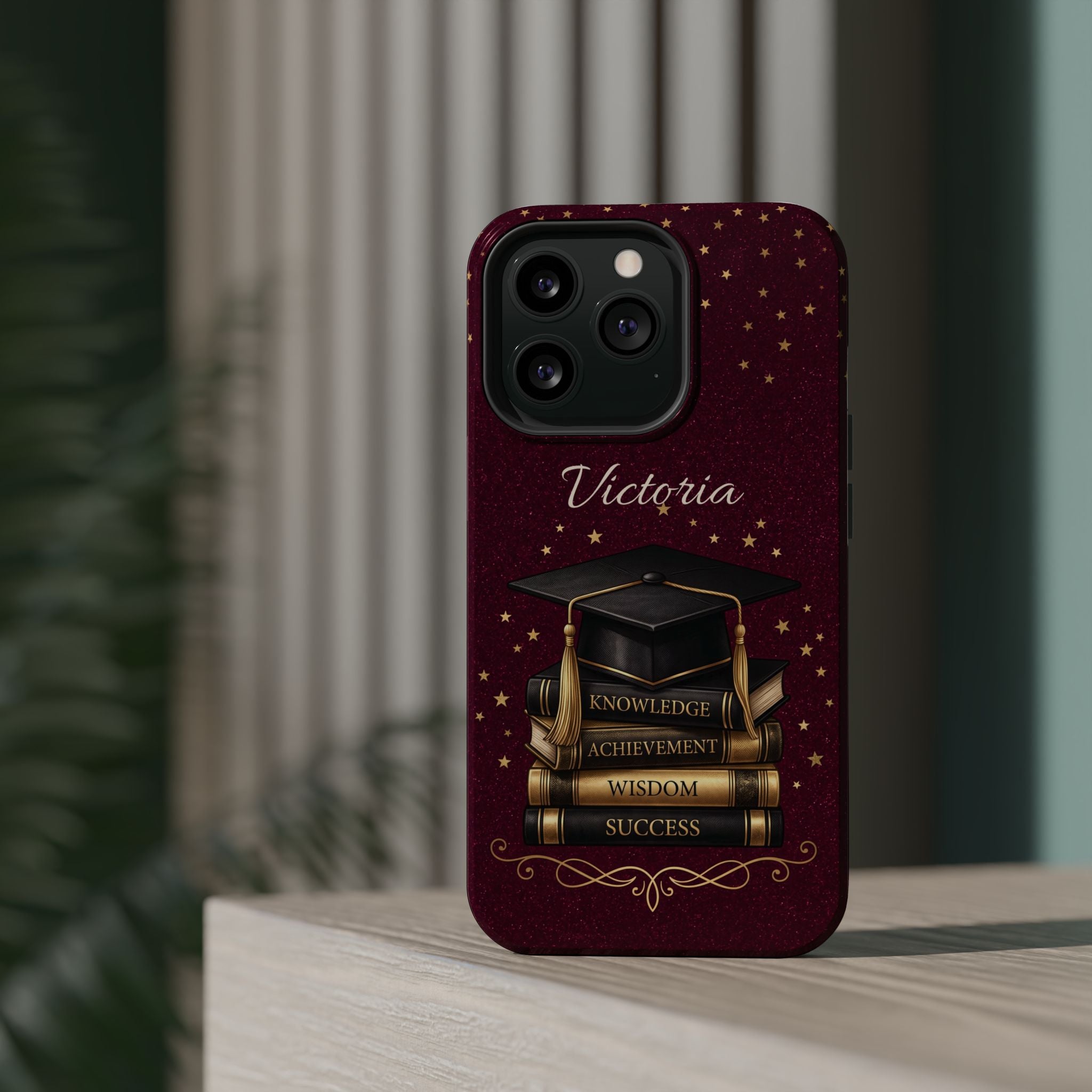 Graduation Cap & Books Personalized Teacher Phone Case — Wireless Charging Cover