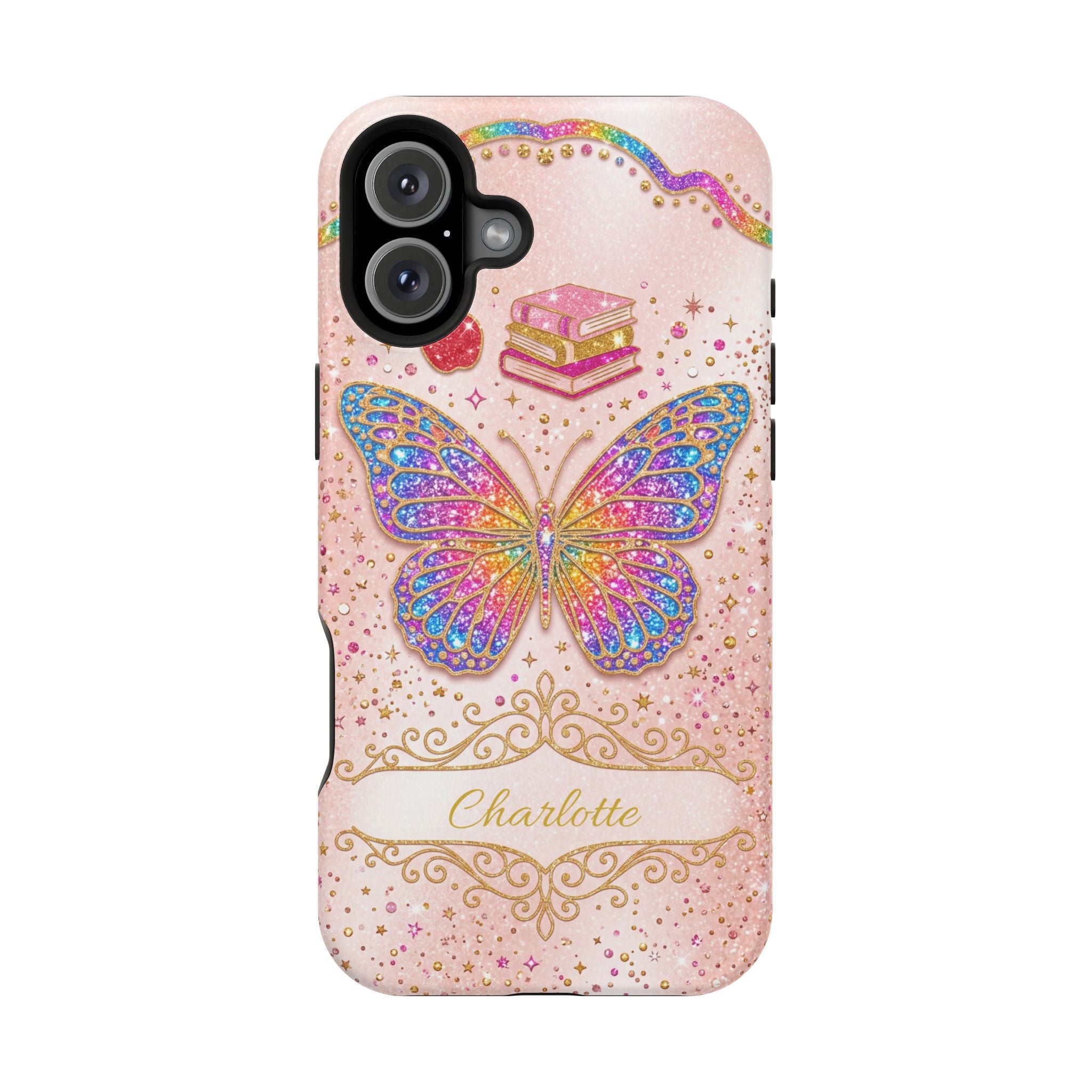 Blush Glitter Butterfly Personalized Teacher Phone Case — Wireless Charging Cover