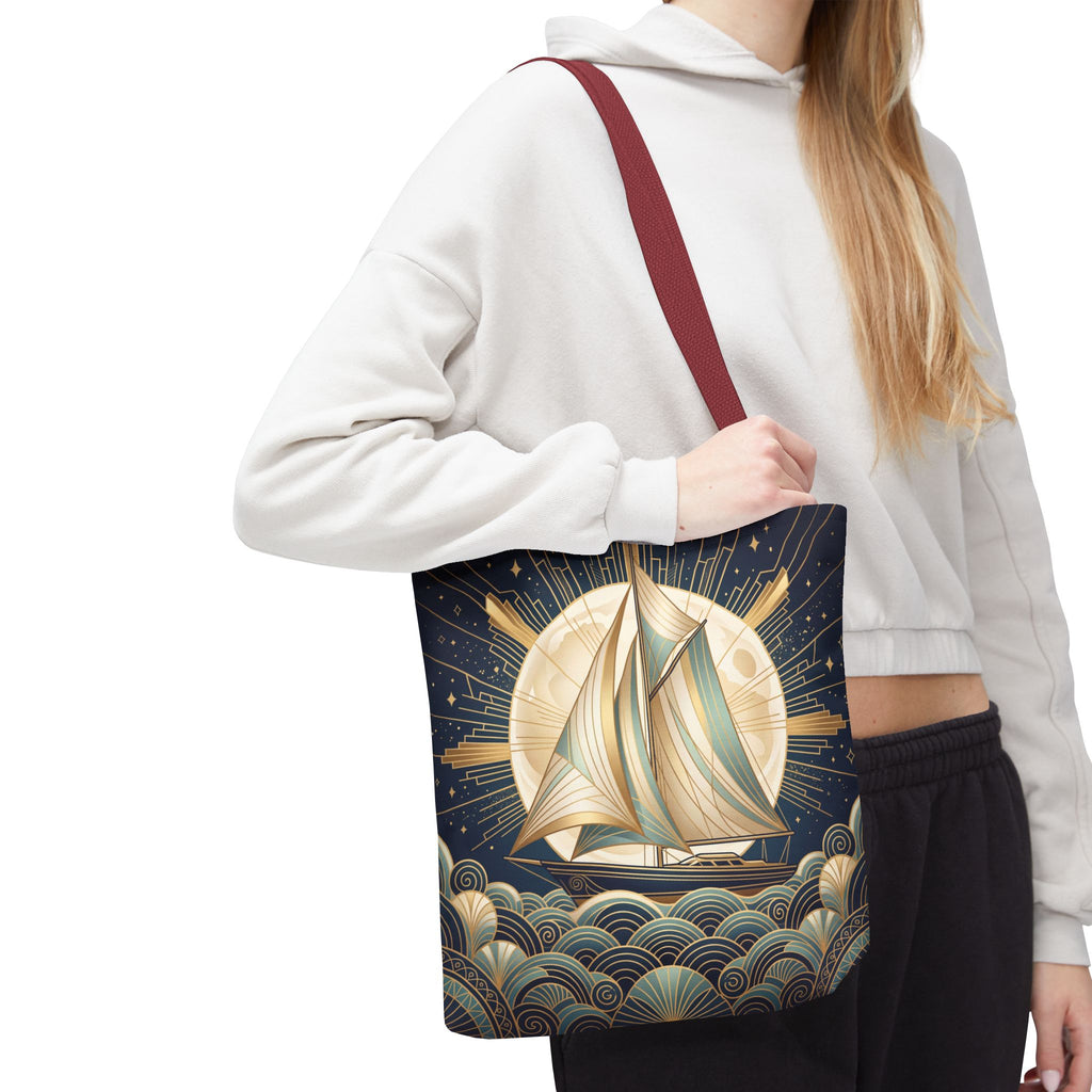 Art Deco Moonlit Sailboat Tote Bag – Starry Night Nautical Beach Bag