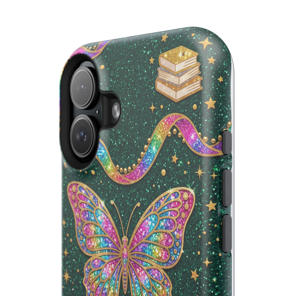Rainbow Glitter Butterfly Personalized Teacher Phone Case — Wireless Charging Cover