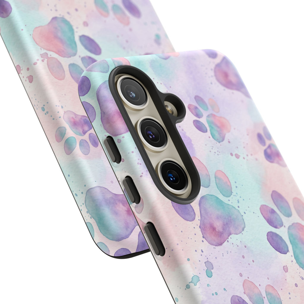 Watercolor Paw Print Phone Case | Pastel Purple, Teal & Pink Artistic Pattern | Samsung & iPhone