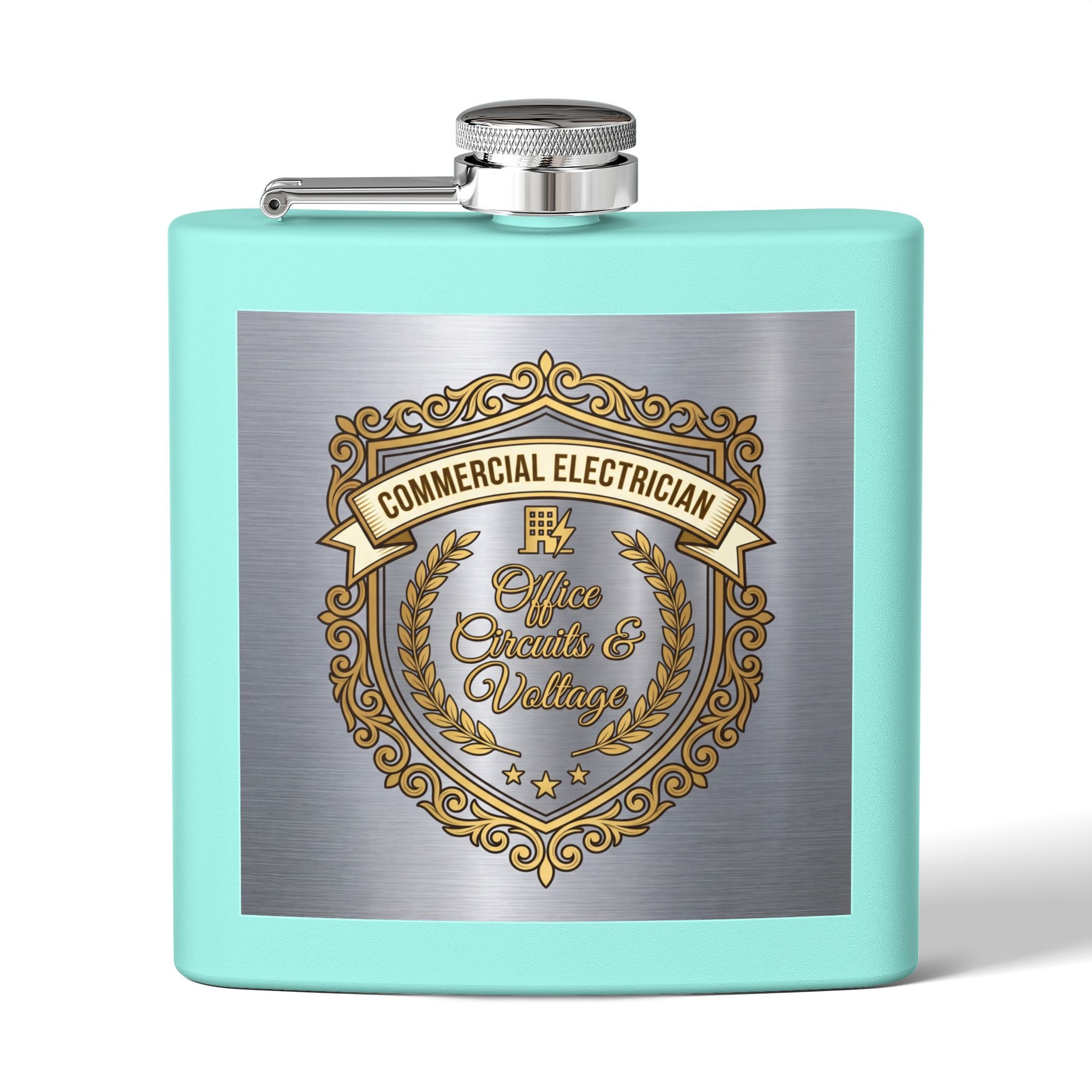 Flask — "Commercial Electrician: Office Circuits & Voltage" (Shield Badge) 6oz Stainless Steel Hip Flask