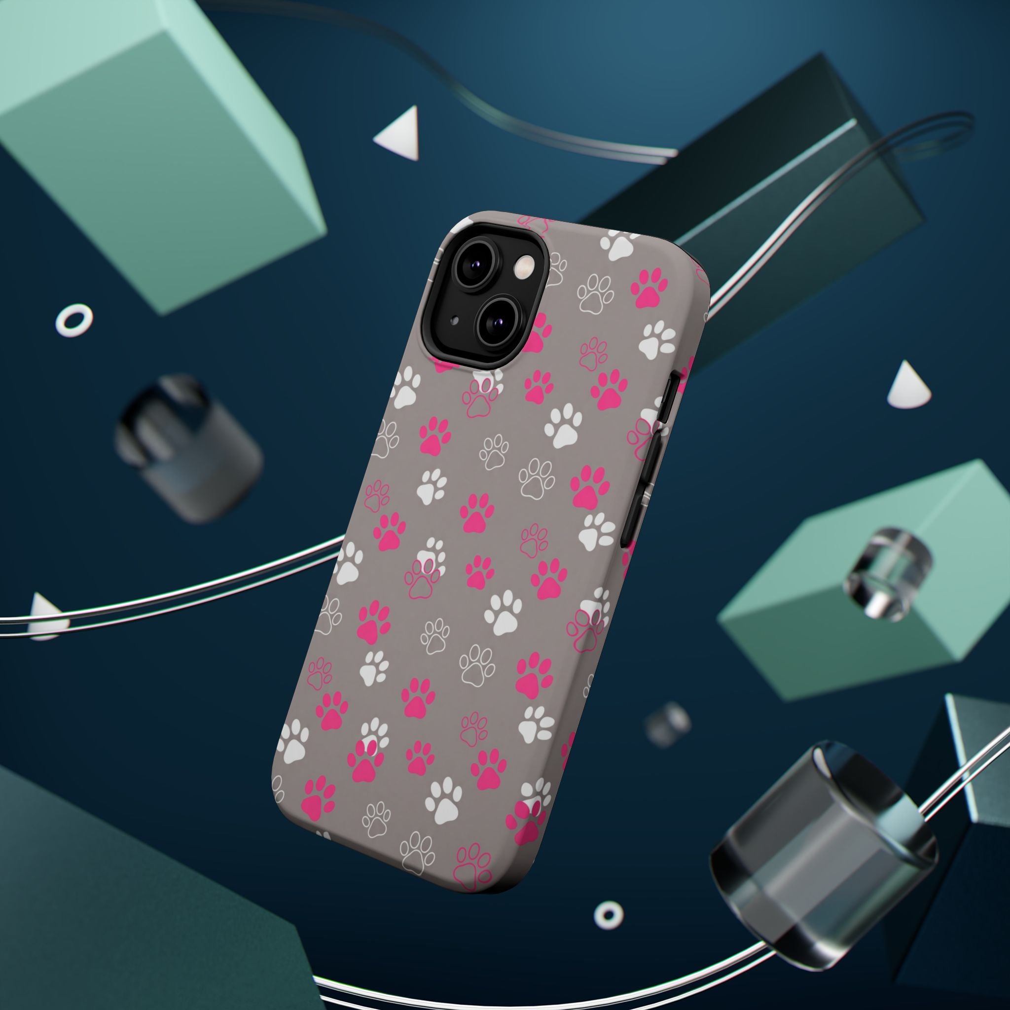 Pink & White Paw Print Phone Case — Impact-Resistant Wireless Charging Cover