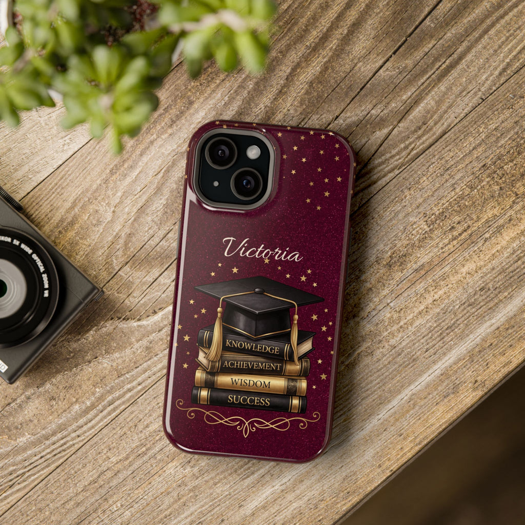 Graduation Cap & Books Personalized Teacher Phone Case — Wireless Charging Cover