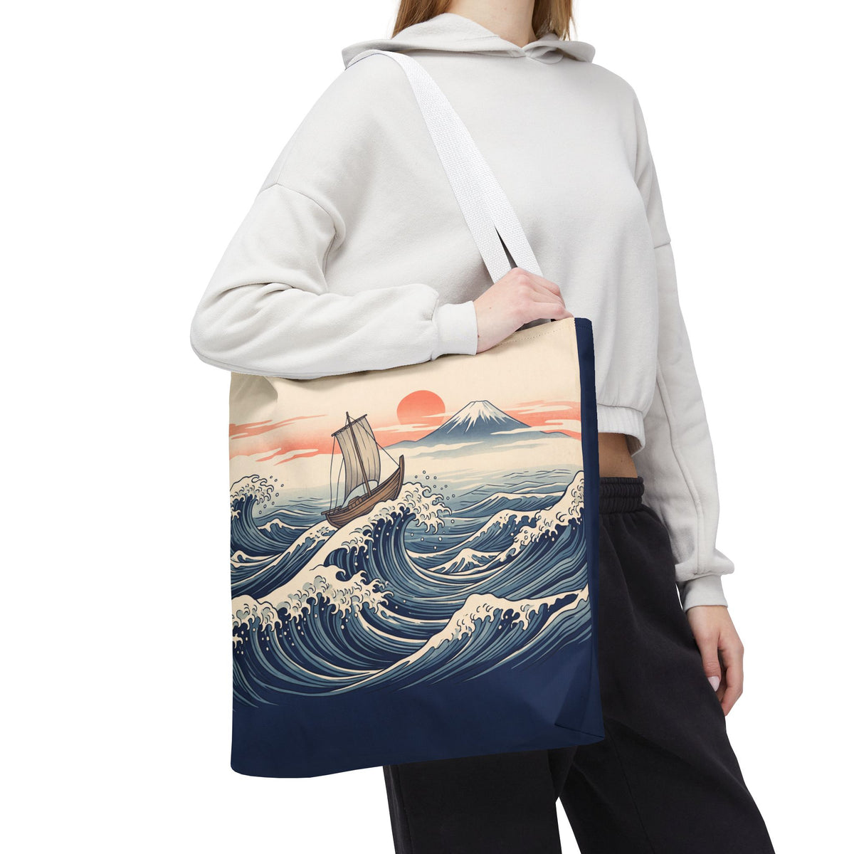 Japanese Wave Sailboat Tote Bag – Woodblock Style Ocean Beach Bag