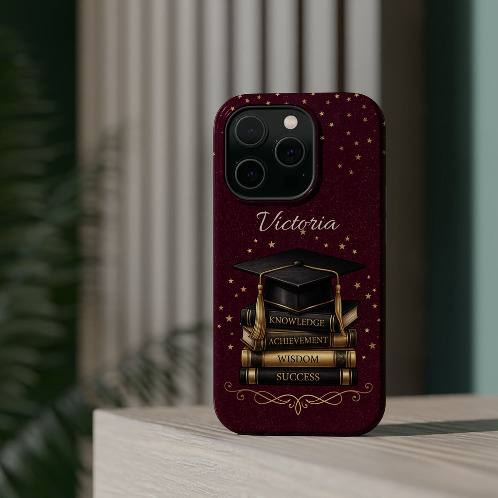 Graduation Cap & Books Personalized Teacher Phone Case — Wireless Charging Cover