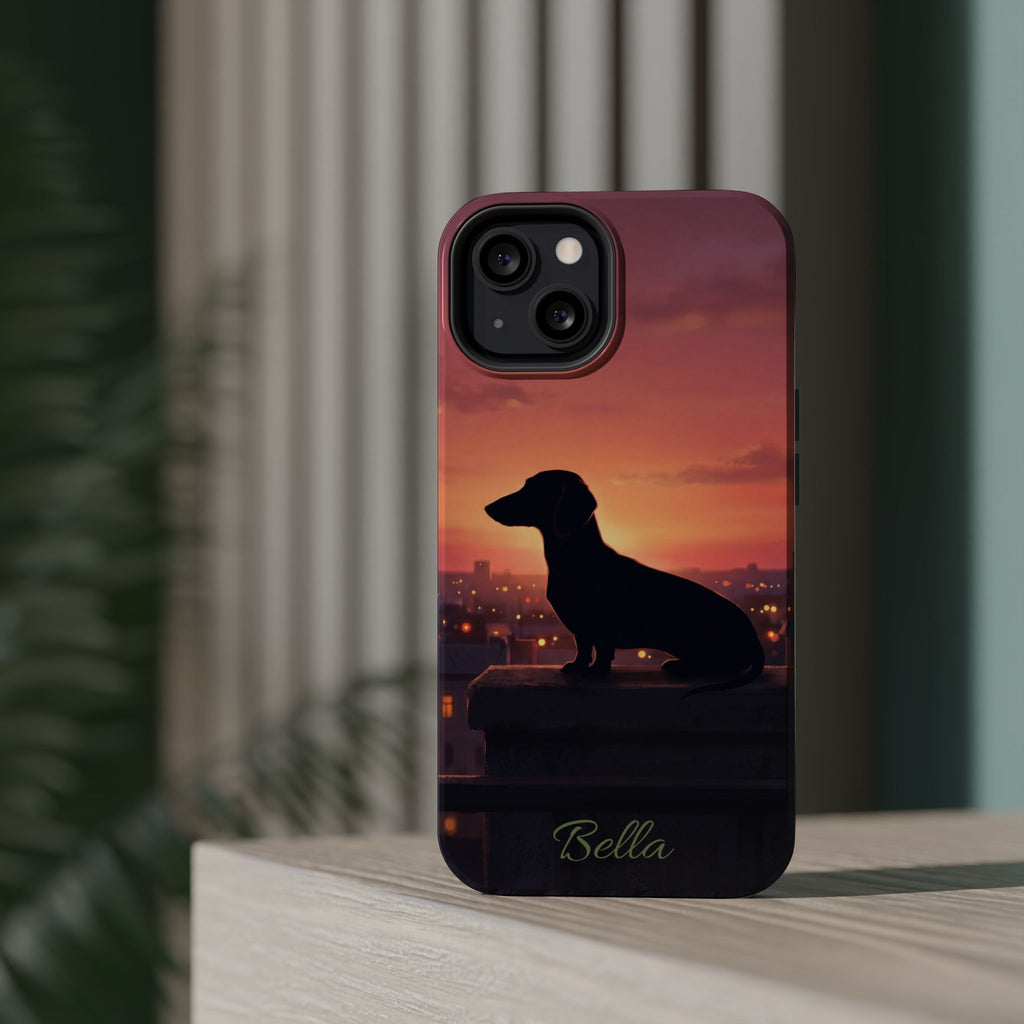 Personalized Dachshund Rooftop Sunset Phone Case — Wireless Charging Cover