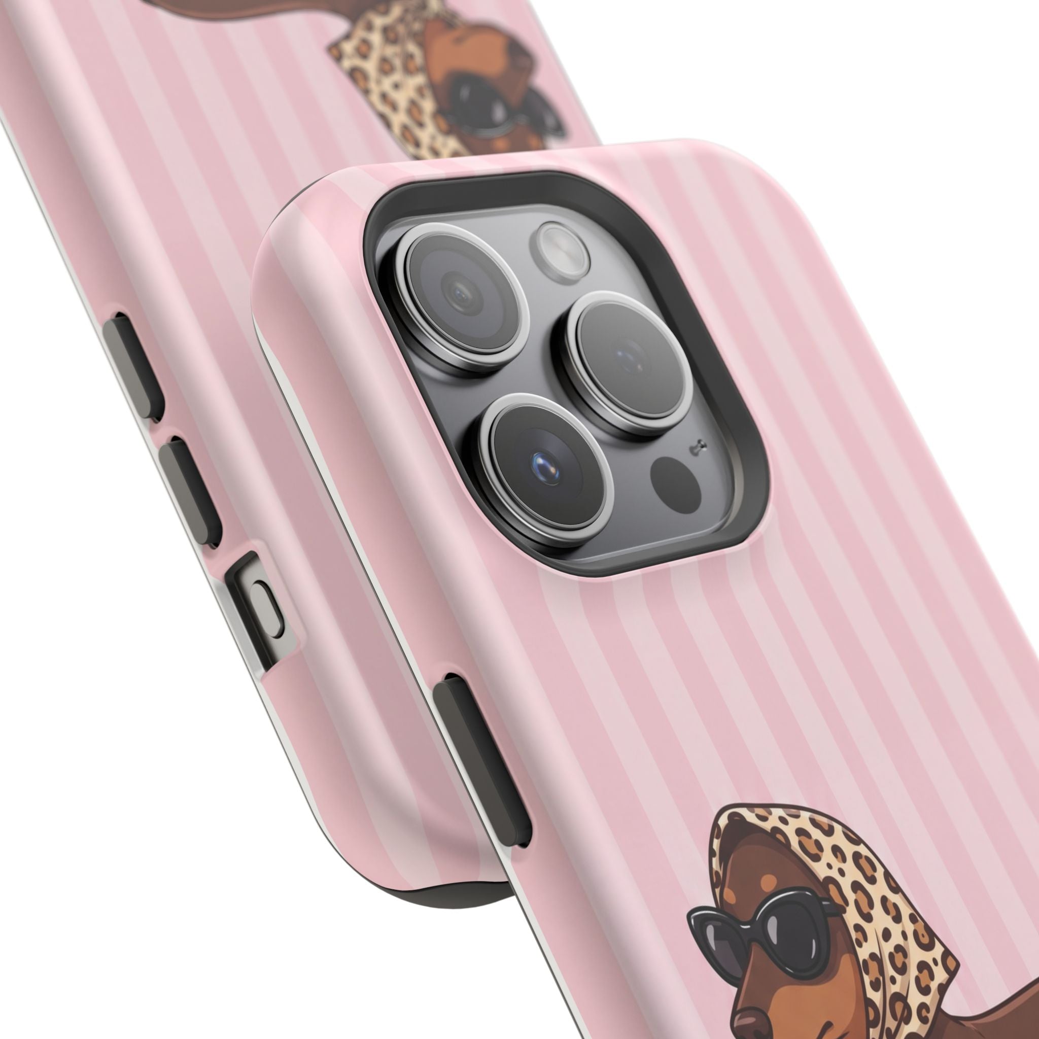 Glam Dachshund Phone Case | Cute Sausage Dog in Leopard Scarf & Sunglasses | Pink Stripe Case for iPhone & Samsung