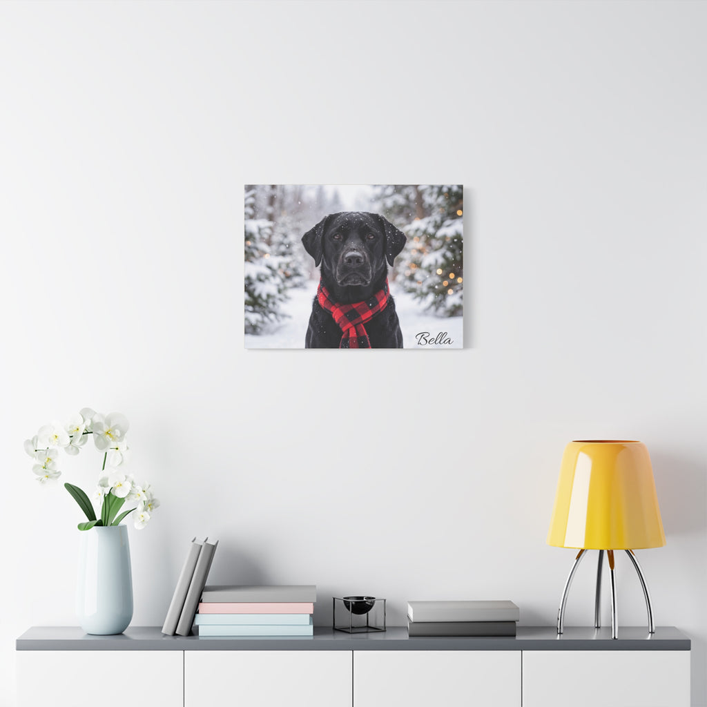 Black Labrador Personalized Canvas | Snowy Christmas Plaid Scarf Wall Art