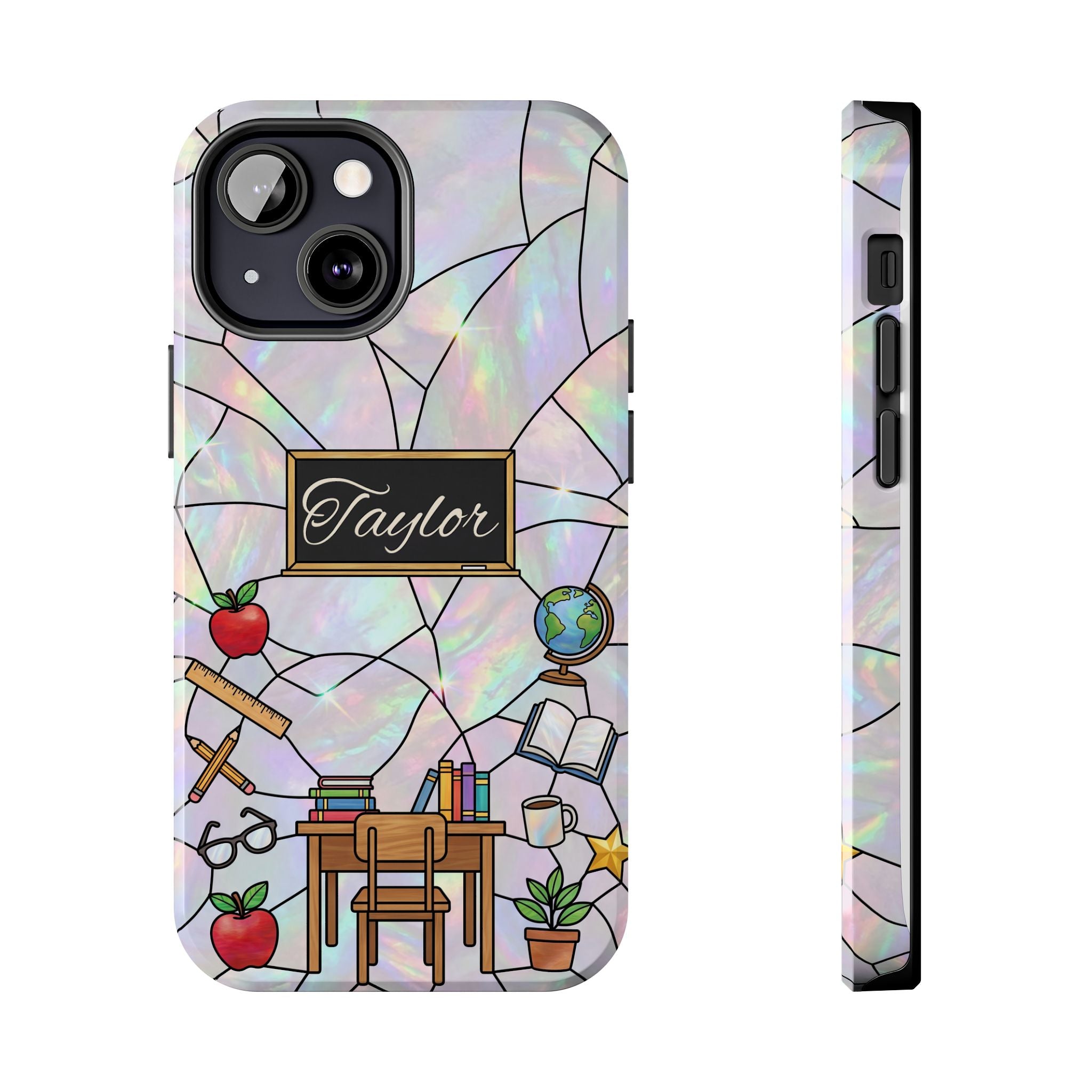 Personalized Teacher Phone Case — Custom Name Stained Glass Classroom Design