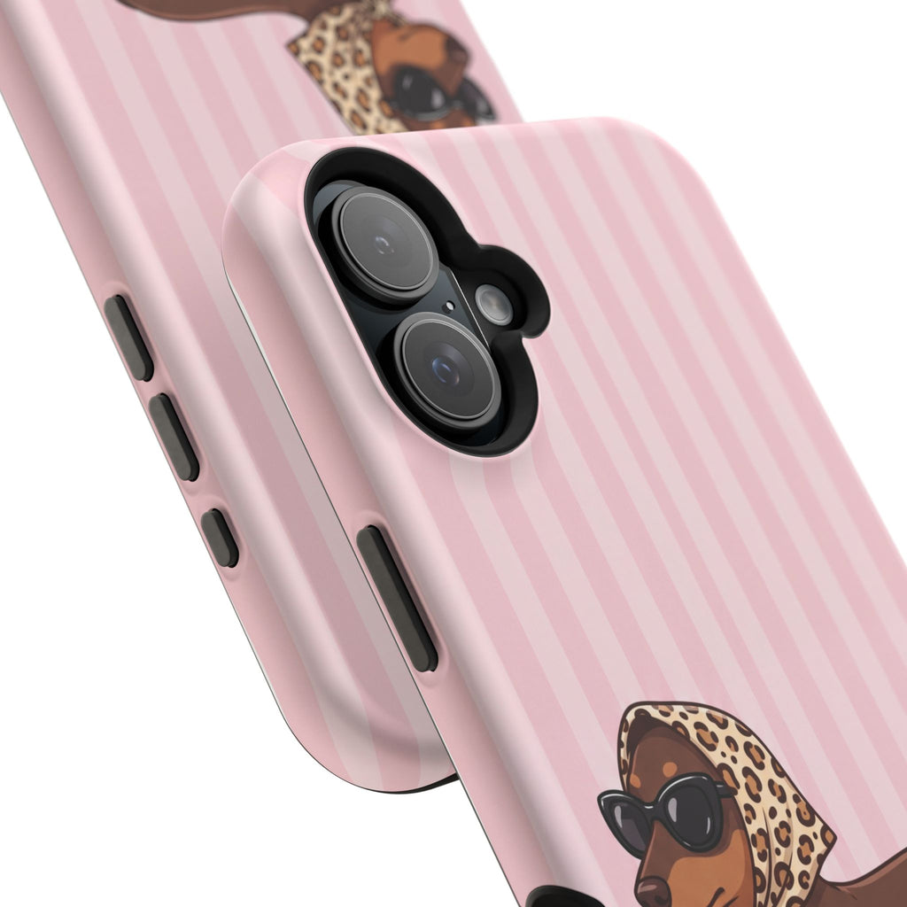 Glam Dachshund Phone Case | Cute Sausage Dog in Leopard Scarf & Sunglasses | Pink Stripe Case for iPhone & Samsung