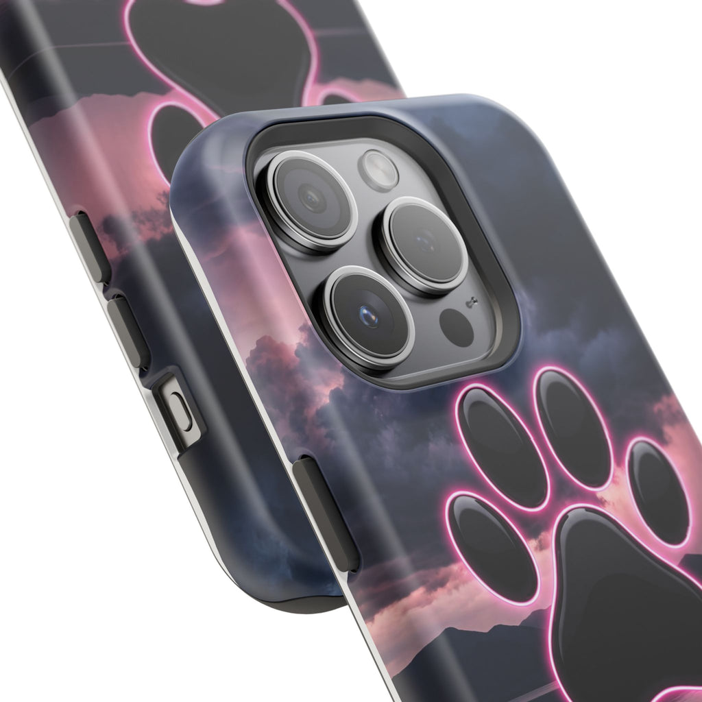 Neon Paw Print Phone Case — Impact-Resistant Wireless Charging Cover