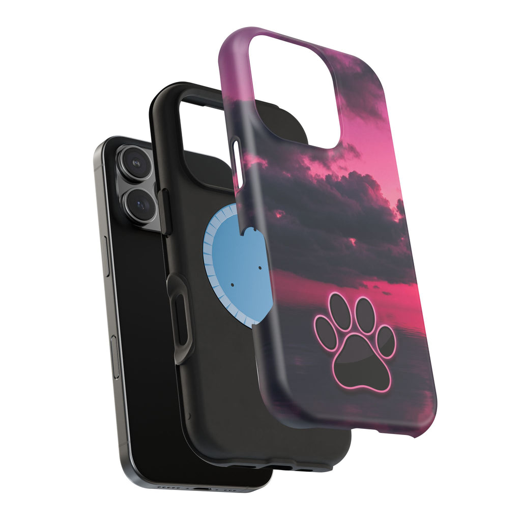 iPhone & Samsung Magnetic Impact-Resistant Phone Case — Pink Twilight Cloud with Paw Print