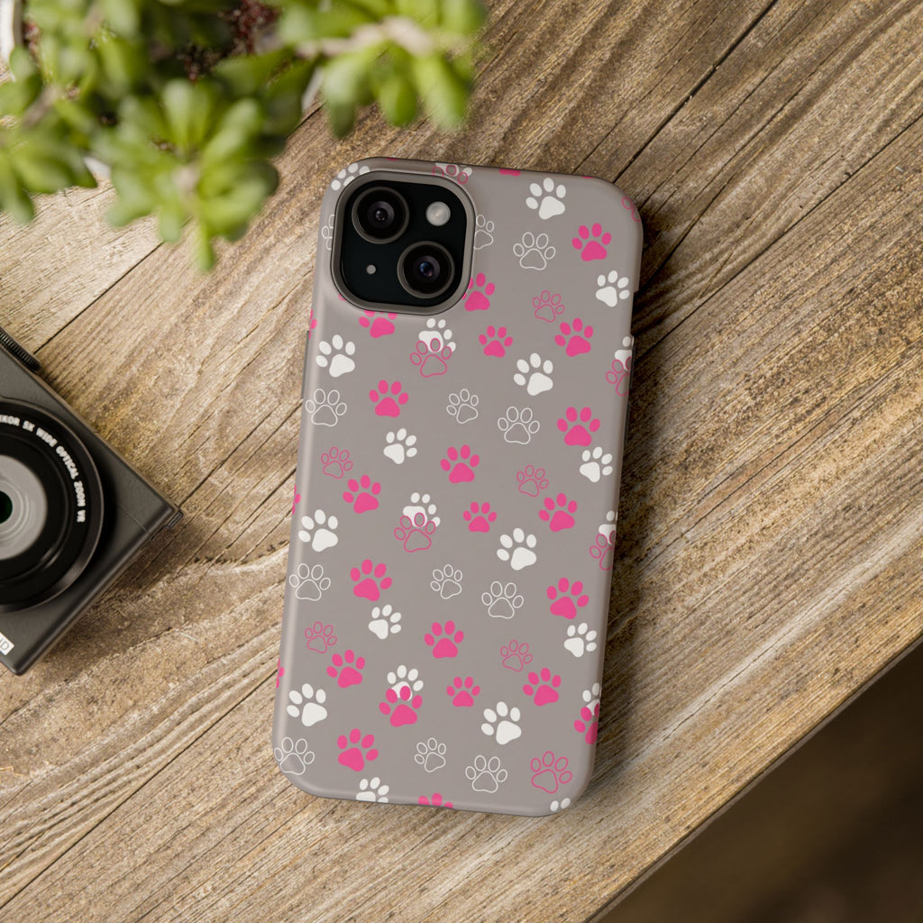 Pink & White Paw Print Phone Case — Impact-Resistant Wireless Charging Cover