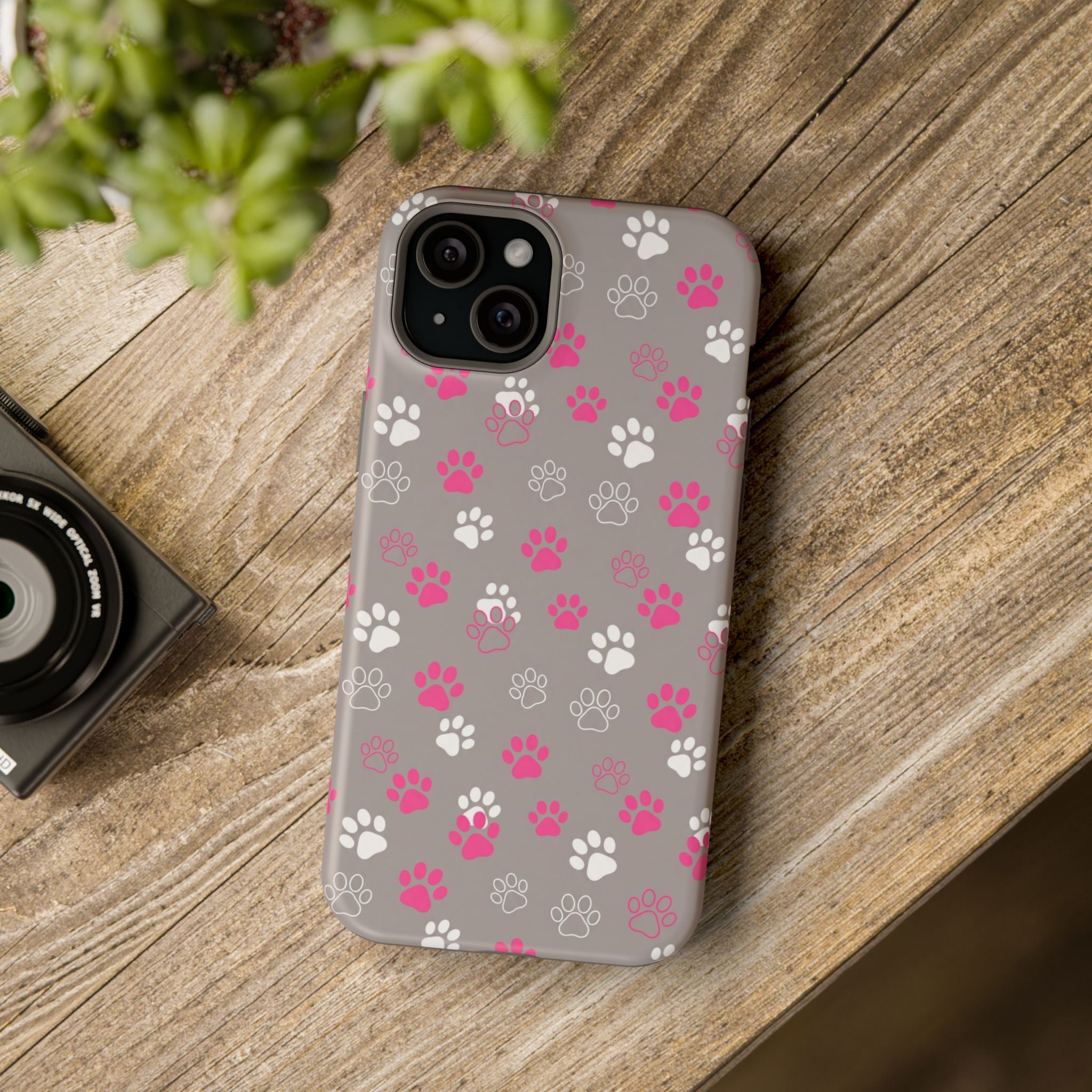 Pink & White Paw Print Phone Case — Impact-Resistant Wireless Charging Cover