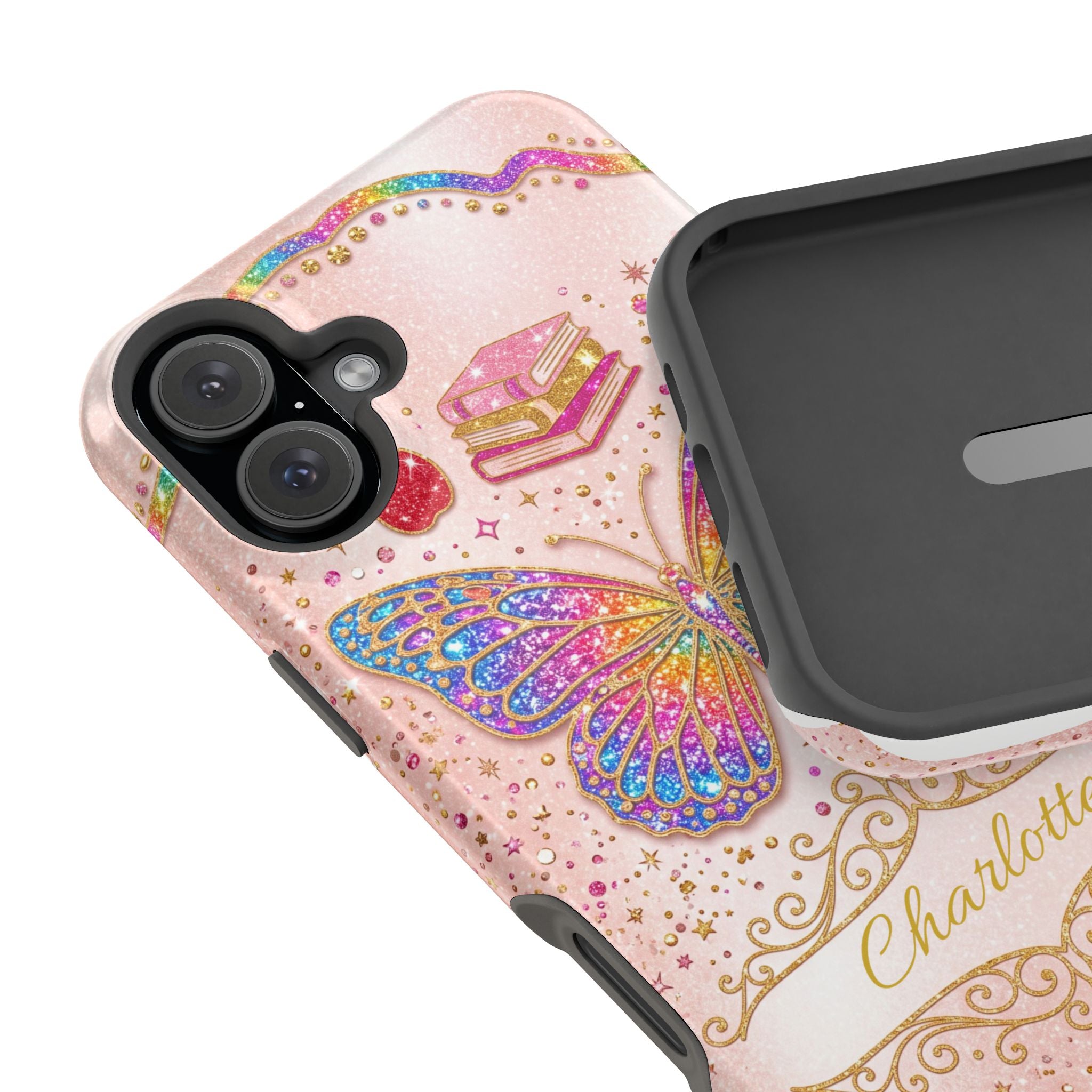 Blush Glitter Butterfly Personalized Teacher Phone Case — Wireless Charging Cover