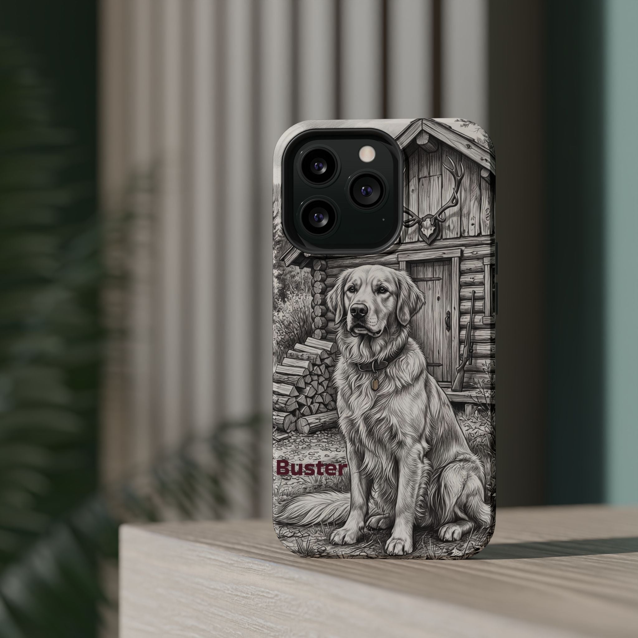 Personalized Golden Retriever Cabin Porch Phone Case — Wireless Charging Cover