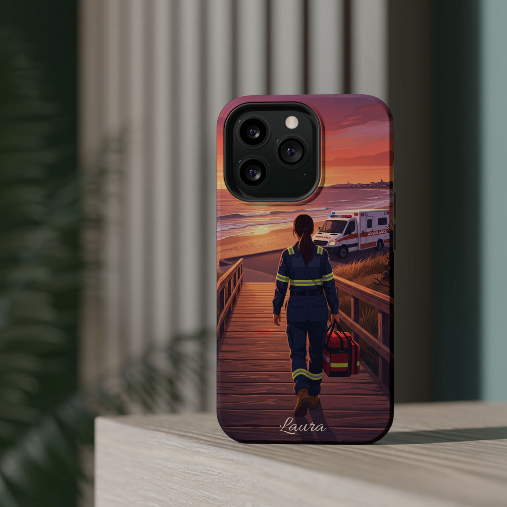 Sunset Boardwalk Personalized Paramedic Phone Case — Wireless Charging Cover