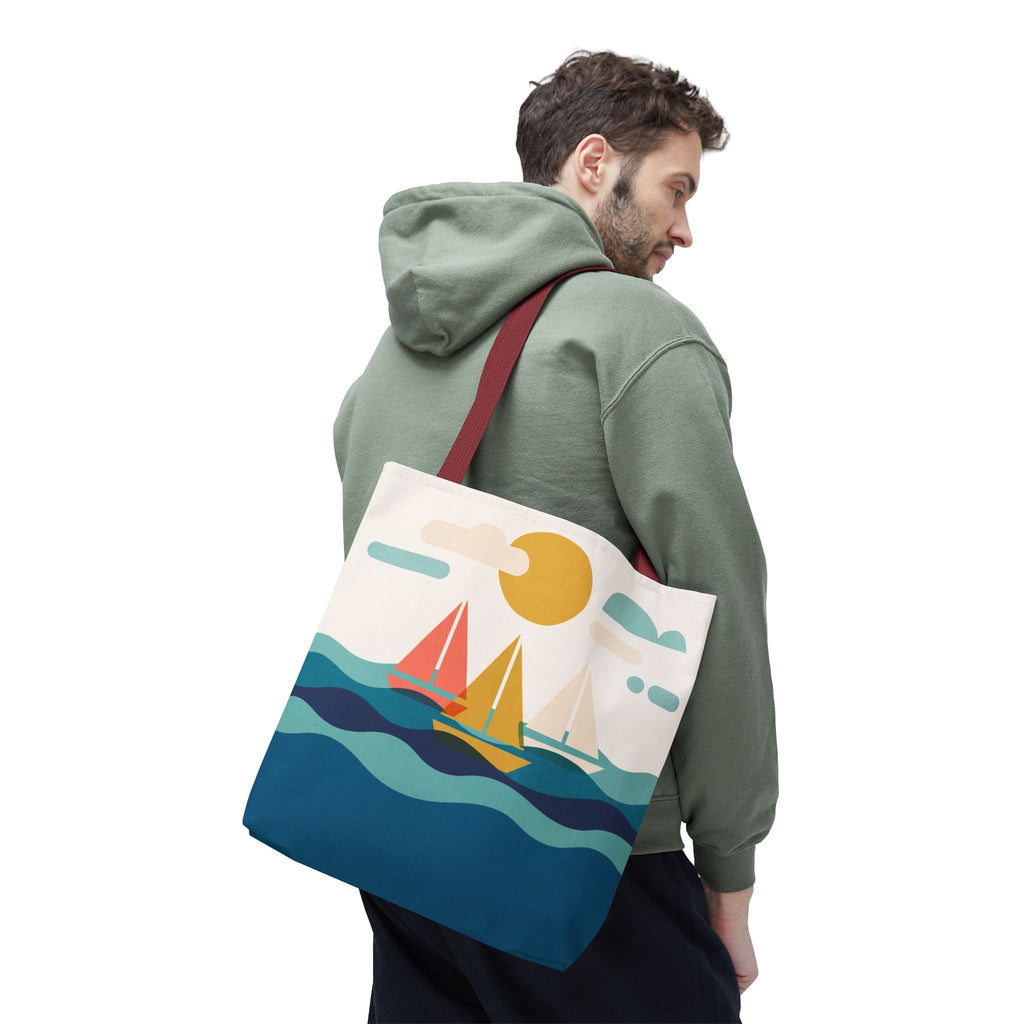 Minimalist Sailboat Tote Bag – Mid-Century Modern Ocean Waves Beach Bag