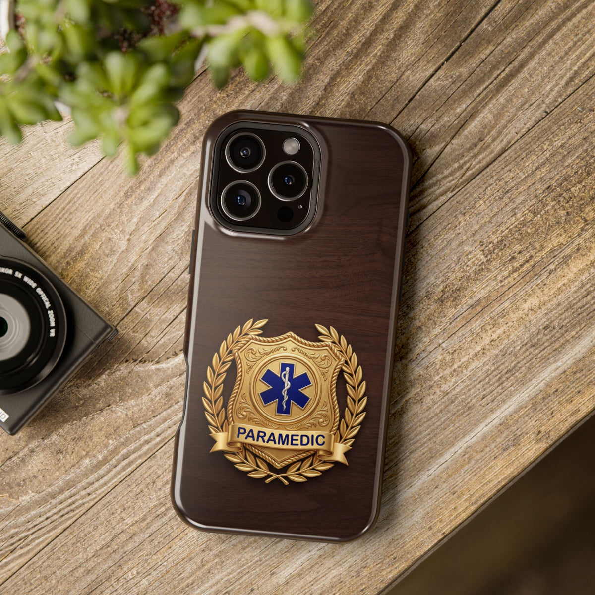Gold Paramedic Laurel Badge Wood Phone Case — Magnetic Wireless Charging Cover