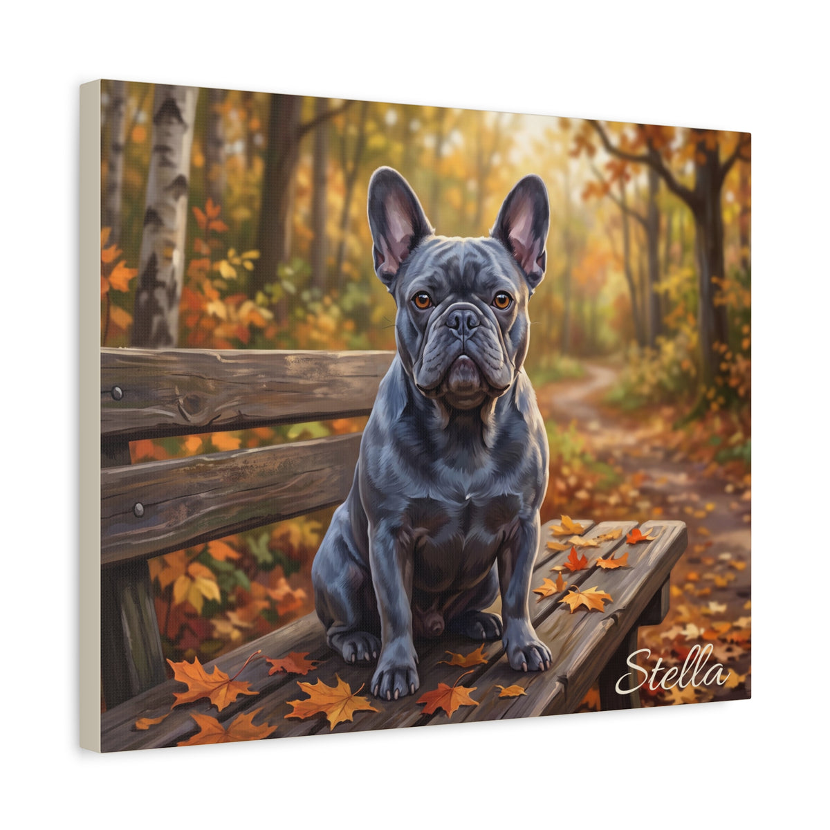 French Bulldog Personalized Canvas | Blue Frenchie Autumn Woodland Bench Wall Art