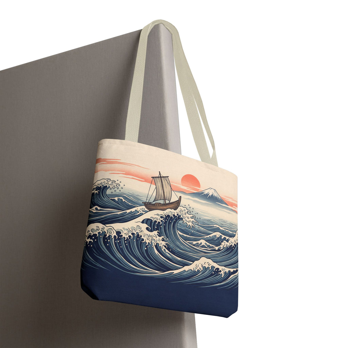 Japanese Wave Sailboat Tote Bag – Woodblock Style Ocean Beach Bag