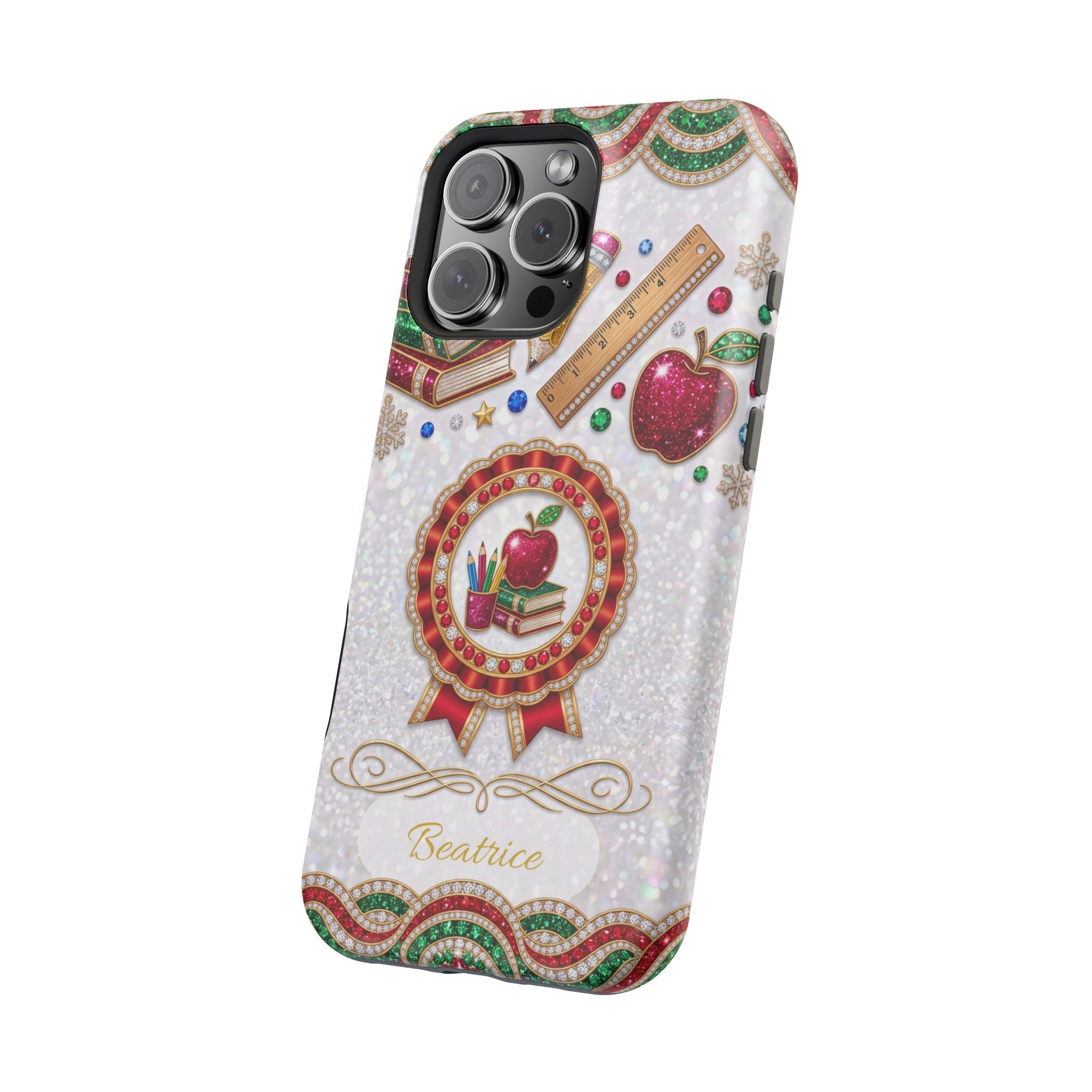 Jeweled Apple Medallion Personalized Teacher Phone Case — Wireless Charging Cover