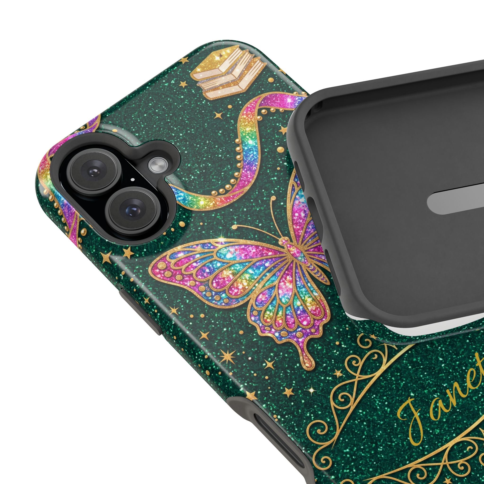 Rainbow Glitter Butterfly Personalized Teacher Phone Case — Wireless Charging Cover