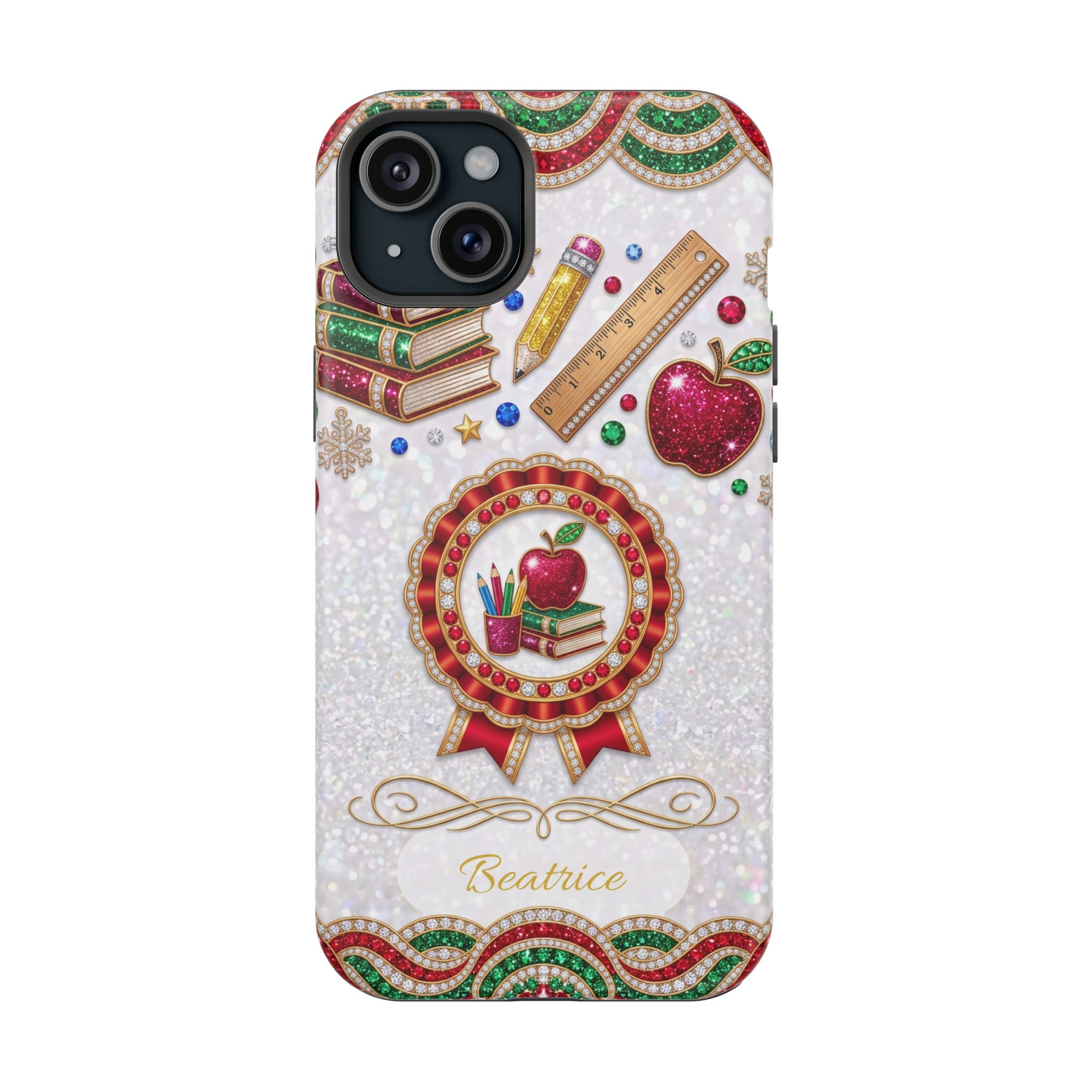 Jeweled Apple Medallion Personalized Teacher Phone Case — Wireless Charging Cover