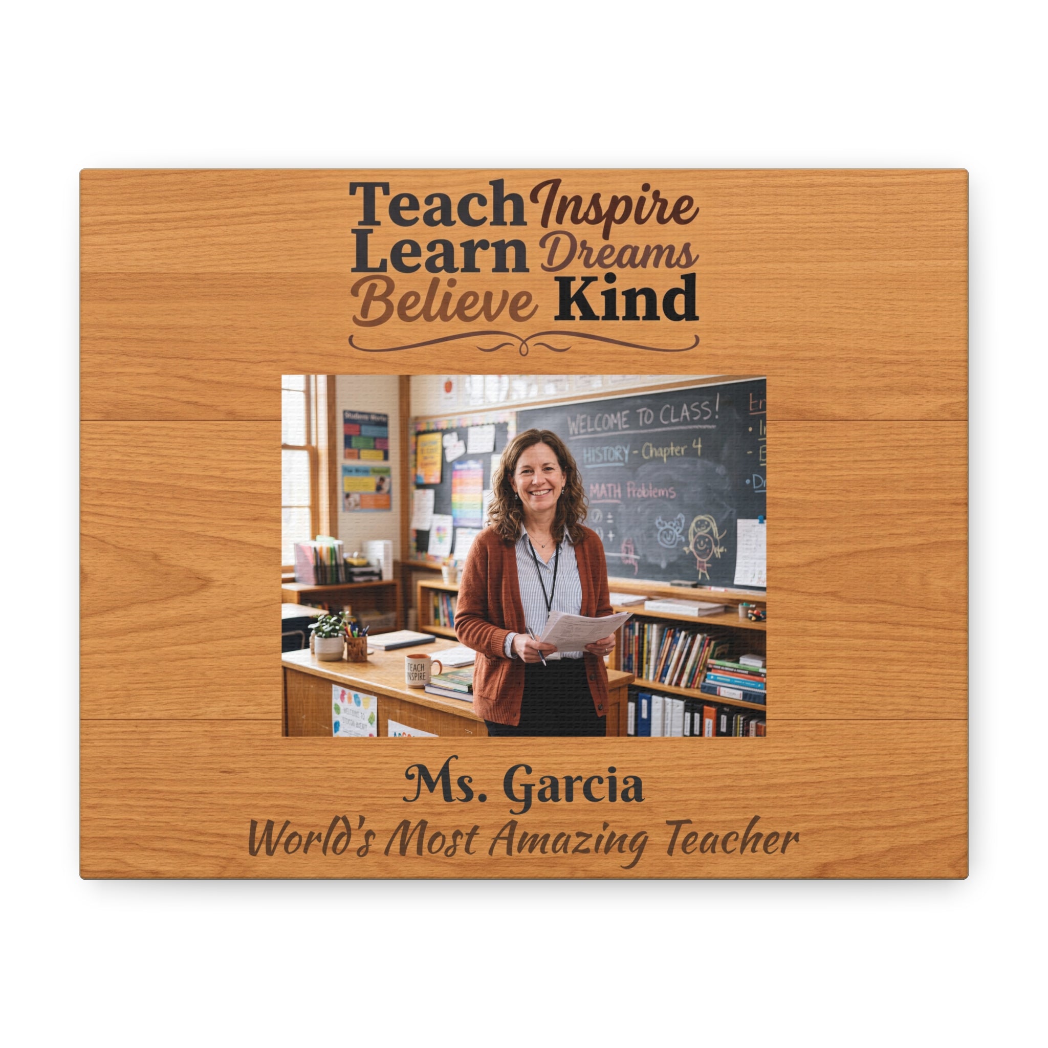 Personalized Teacher Canvas Print — Custom Photo, Name & Message Wood Grain Wall Art