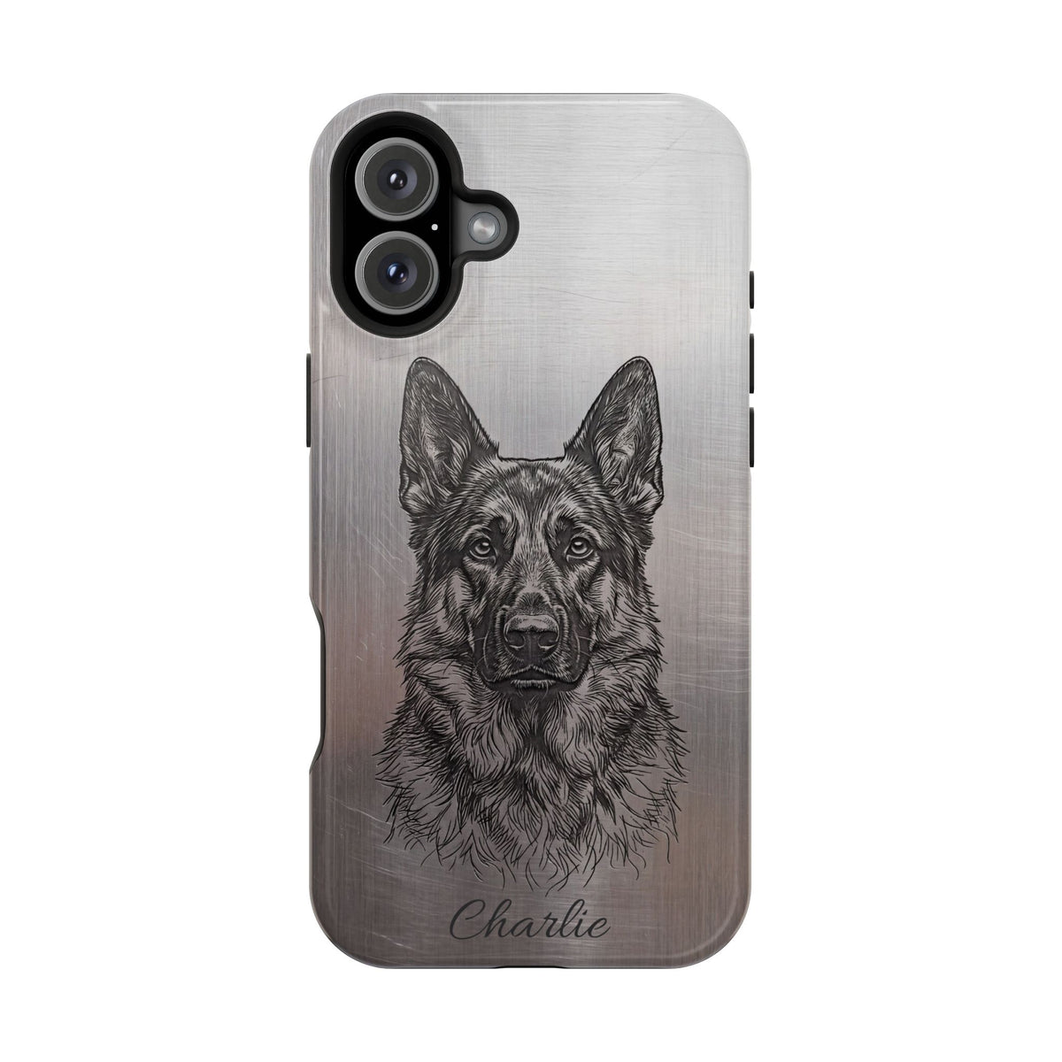 German Shepherd Phone Case | Personalized Etched Silver Art — Tough Magnetic Case with Wireless Charging