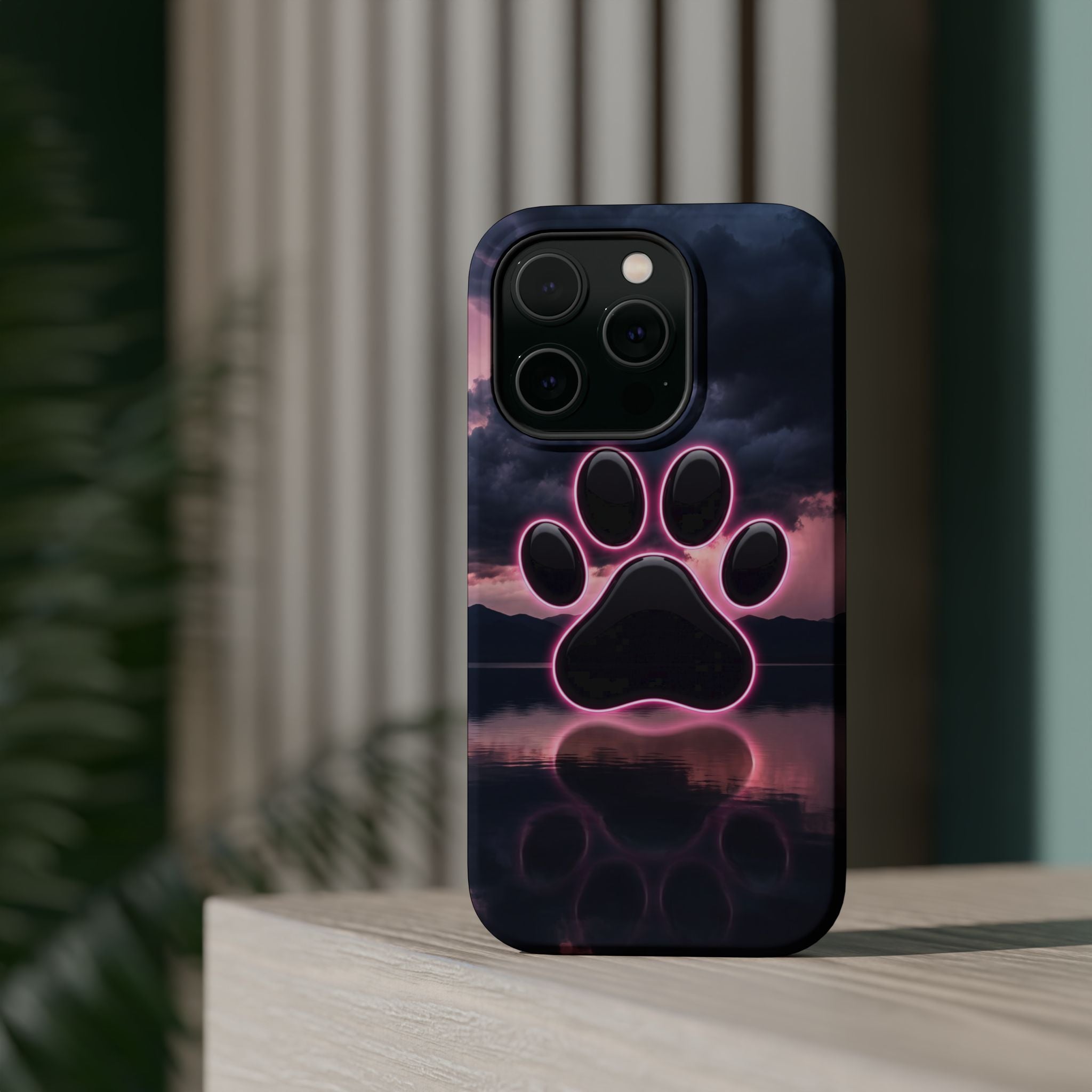 Neon Paw Print Phone Case — Impact-Resistant Wireless Charging Cover