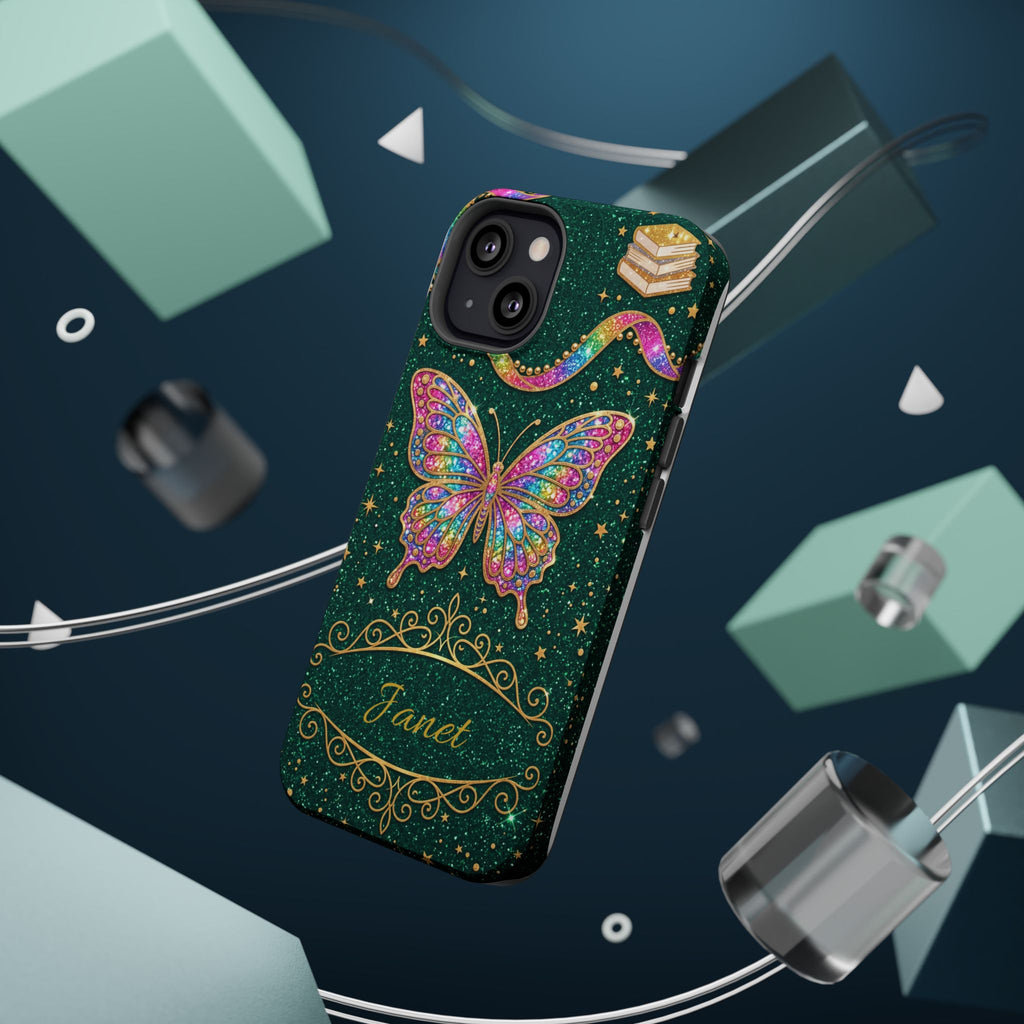 Rainbow Glitter Butterfly Personalized Teacher Phone Case — Wireless Charging Cover