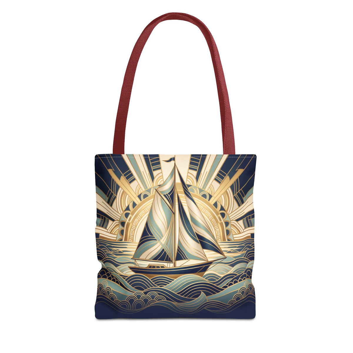 Art Deco Sailboat Tote Bag – Golden Sunburst Nautical Beach Bag