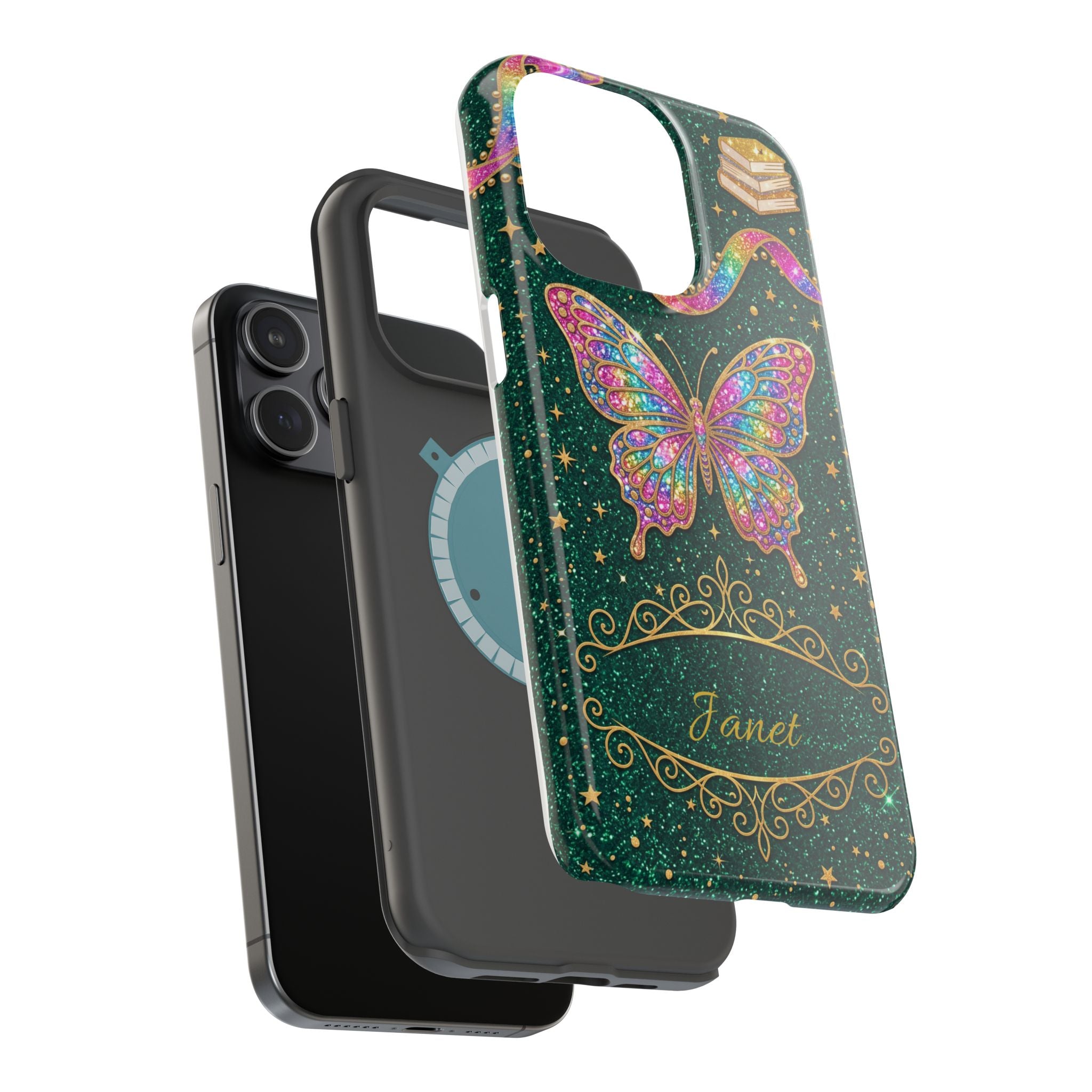 Rainbow Glitter Butterfly Personalized Teacher Phone Case — Wireless Charging Cover