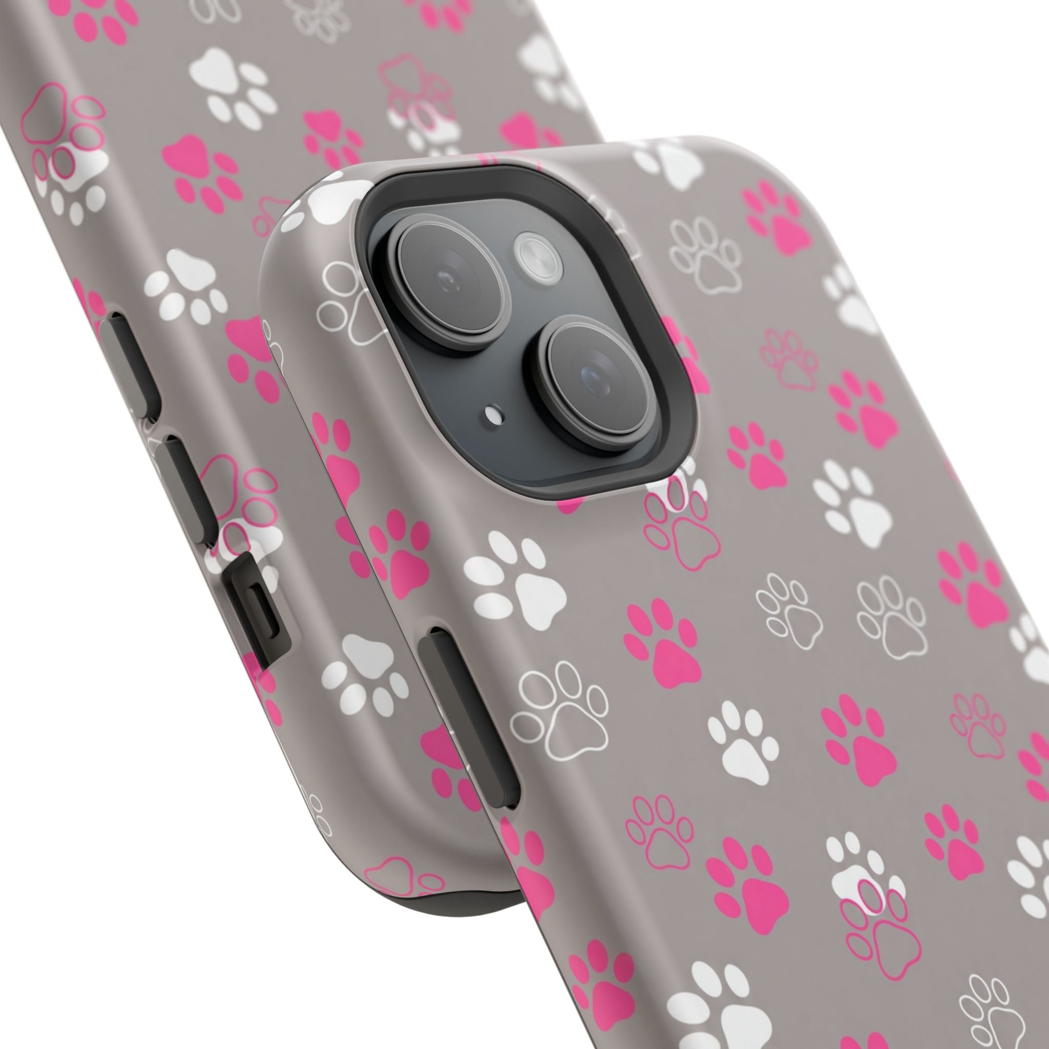 Pink & White Paw Print Phone Case — Impact-Resistant Wireless Charging Cover