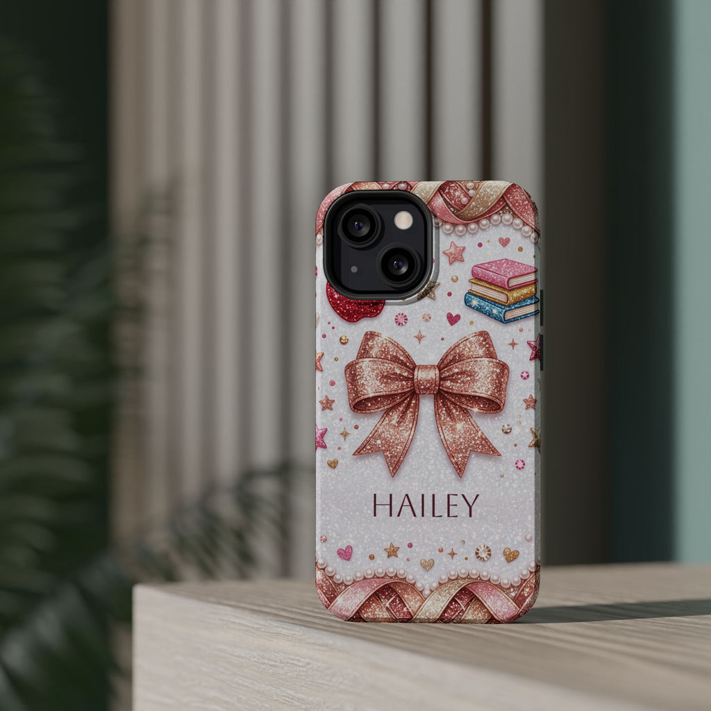 Rose Gold Glitter Bow Personalized Teacher Phone Case — Wireless Charging Cover