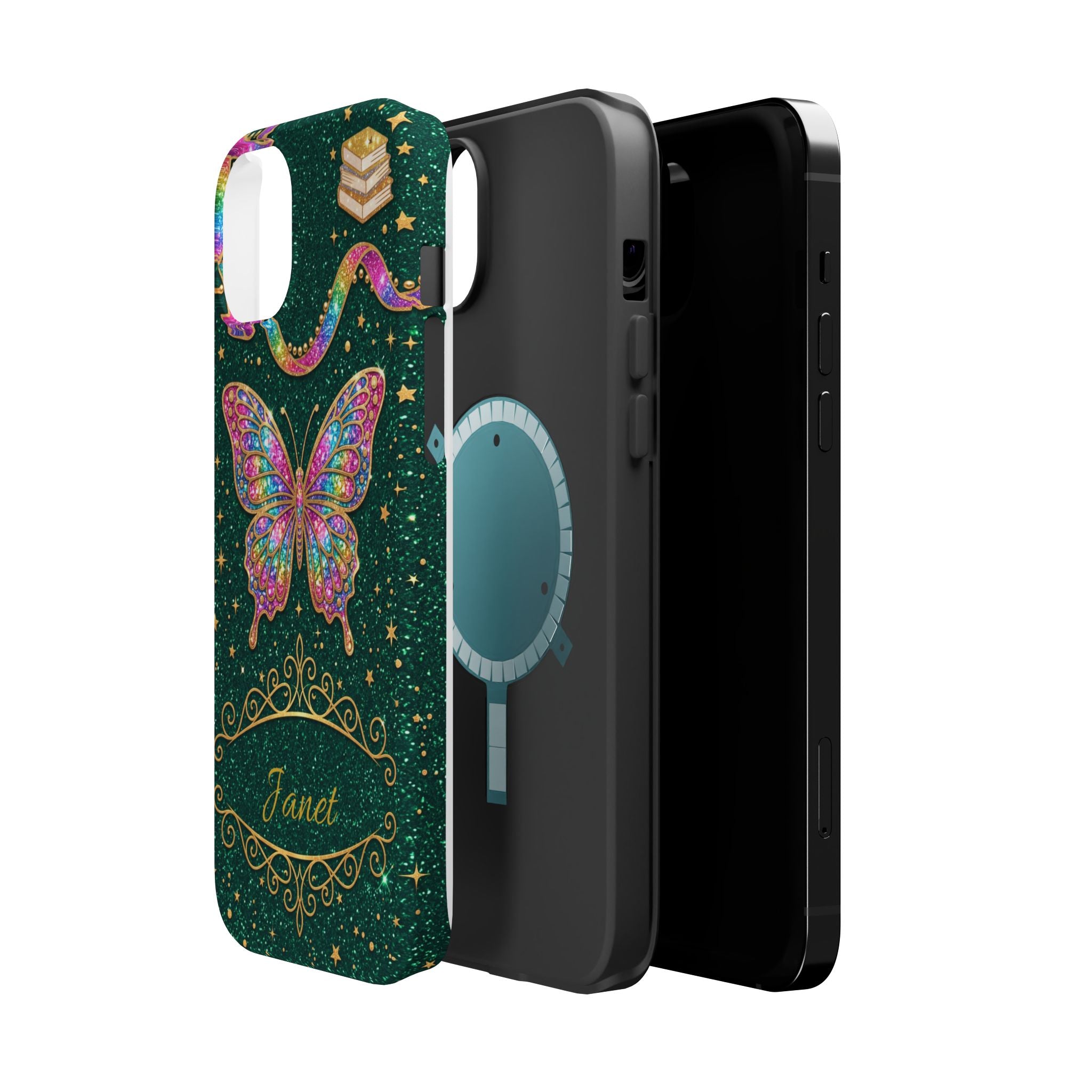 Rainbow Glitter Butterfly Personalized Teacher Phone Case — Wireless Charging Cover