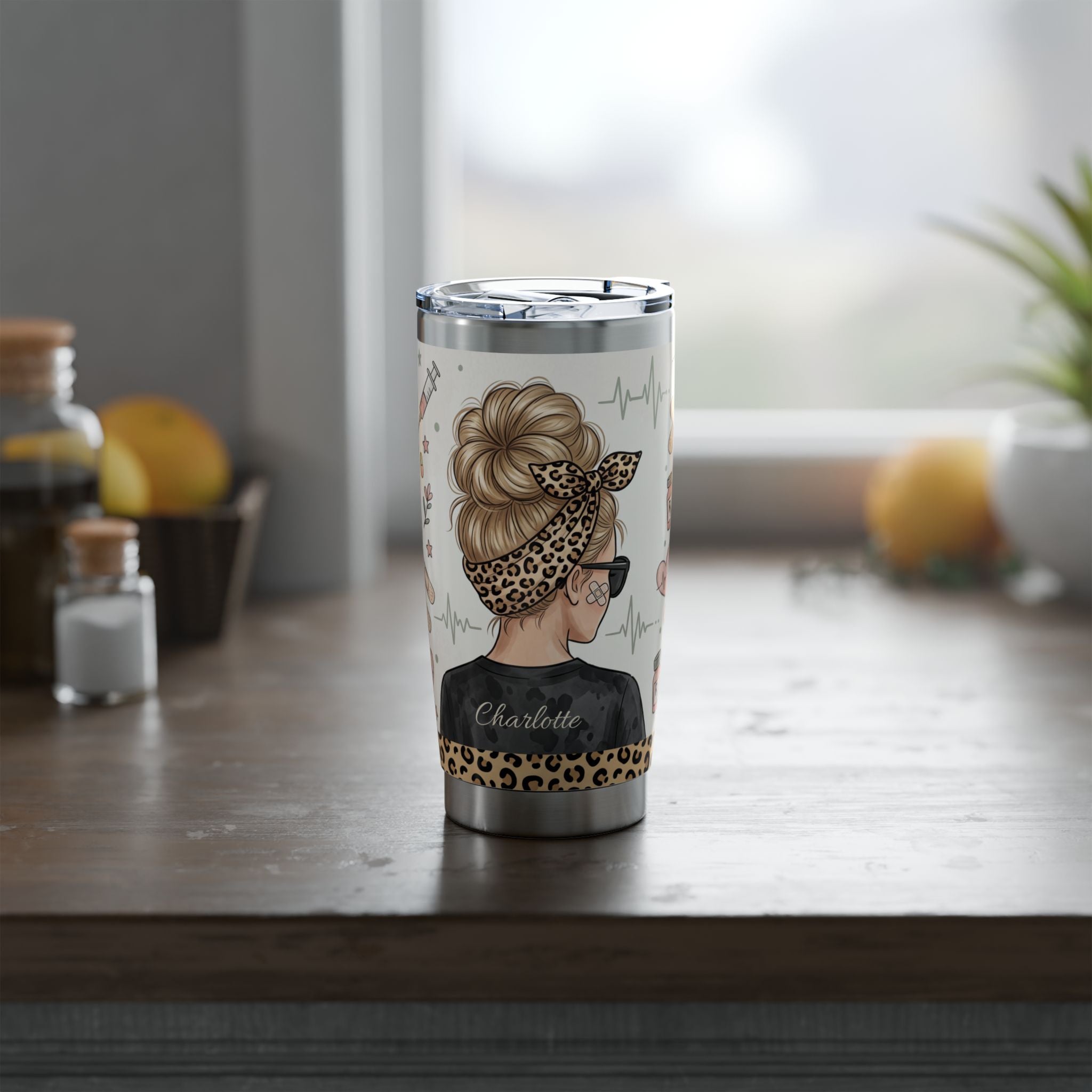 Personalized Leopard Bandana Nurse Tumbler – Custom Name Black Scrubs 20 oz