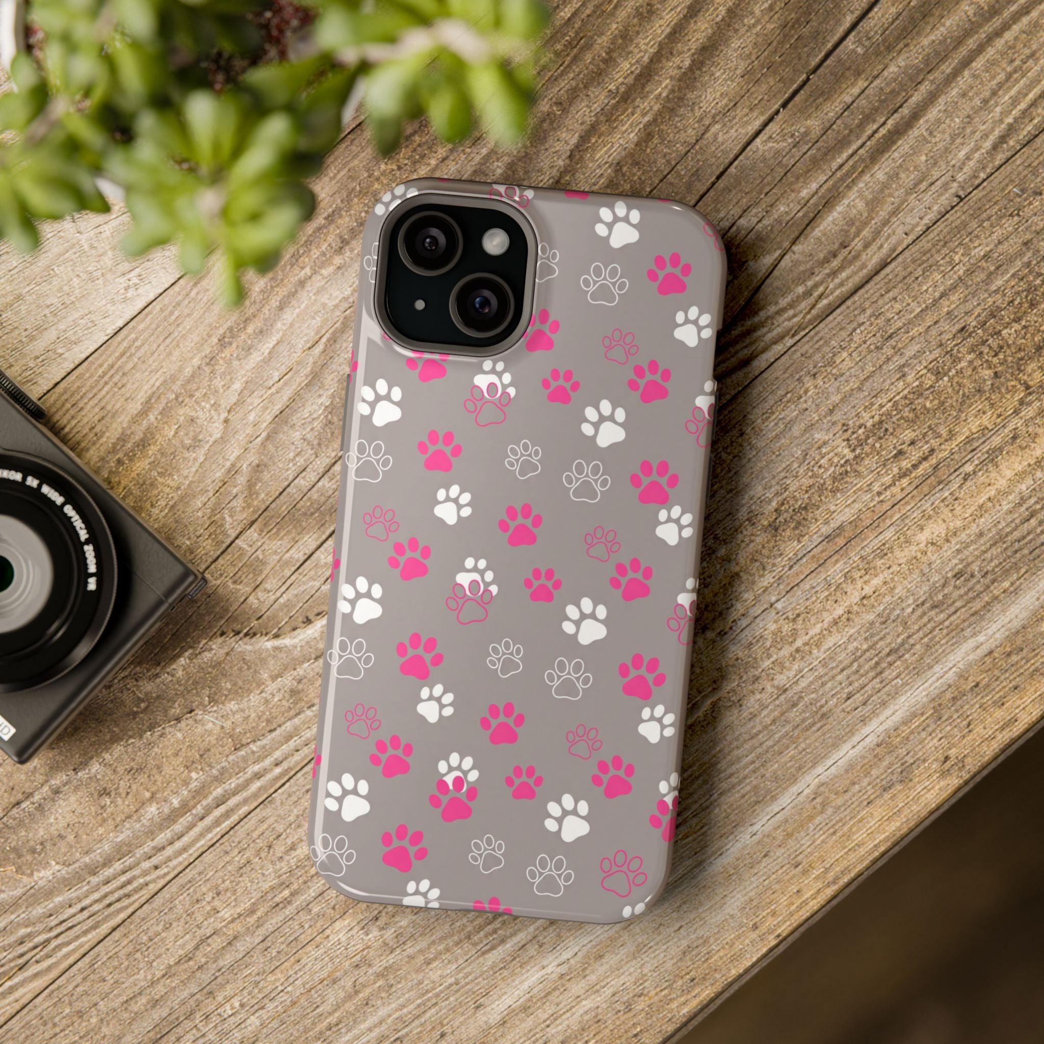 Pink & White Paw Print Phone Case — Impact-Resistant Wireless Charging Cover