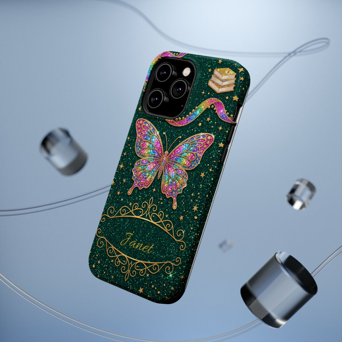 Rainbow Glitter Butterfly Personalized Teacher Phone Case — Wireless Charging Cover