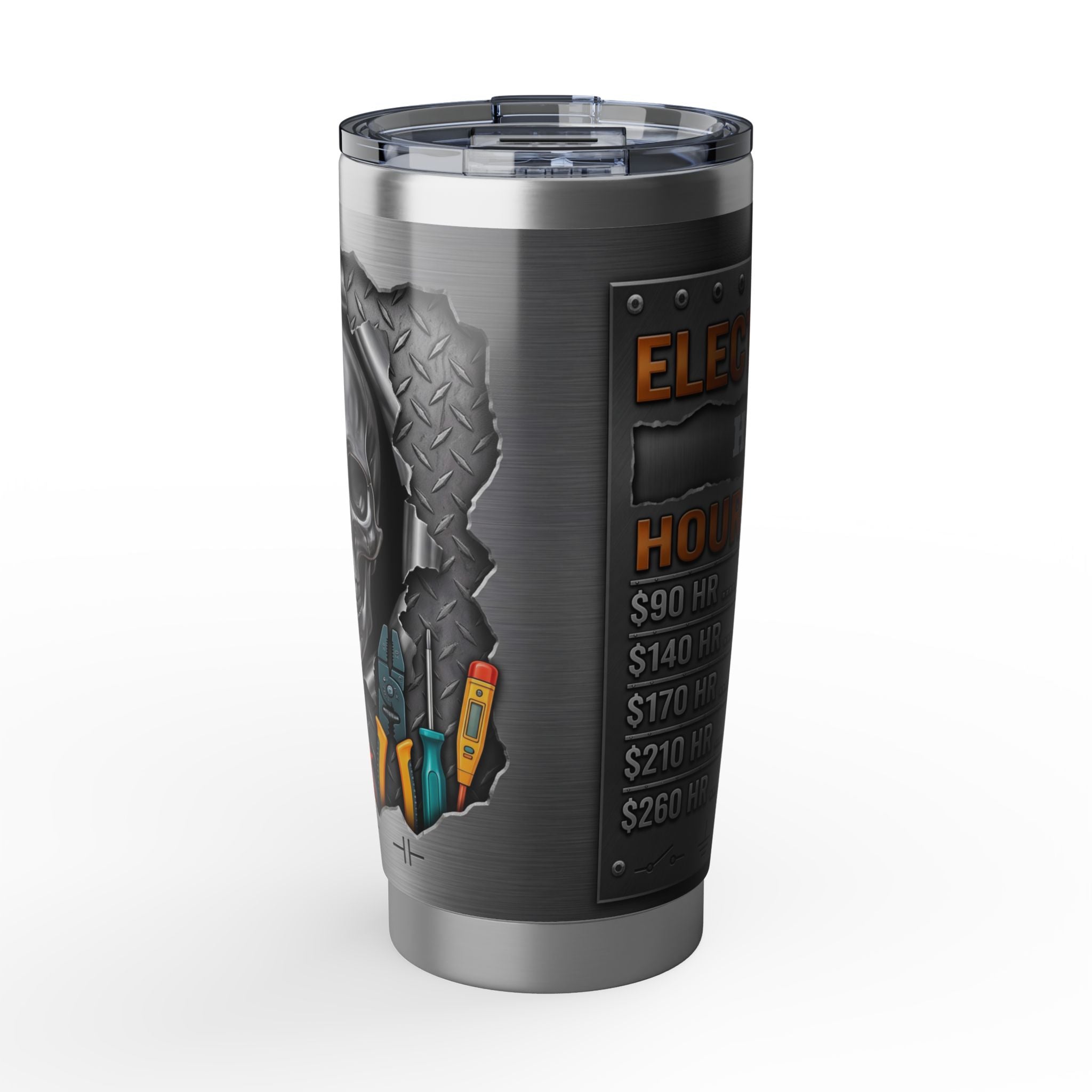 Personalized Electrician Hourly Rate Tumbler – Metallic Skull Design 20 oz