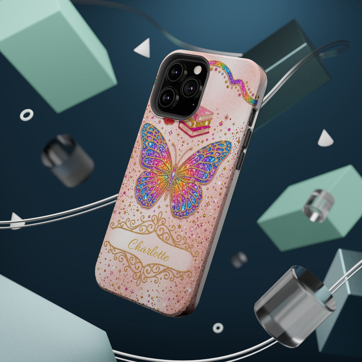 Blush Glitter Butterfly Personalized Teacher Phone Case — Wireless Charging Cover