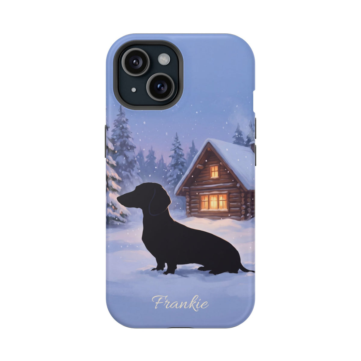 Personalized Dachshund Winter Cabin Phone Case — Wireless Charging Cover
