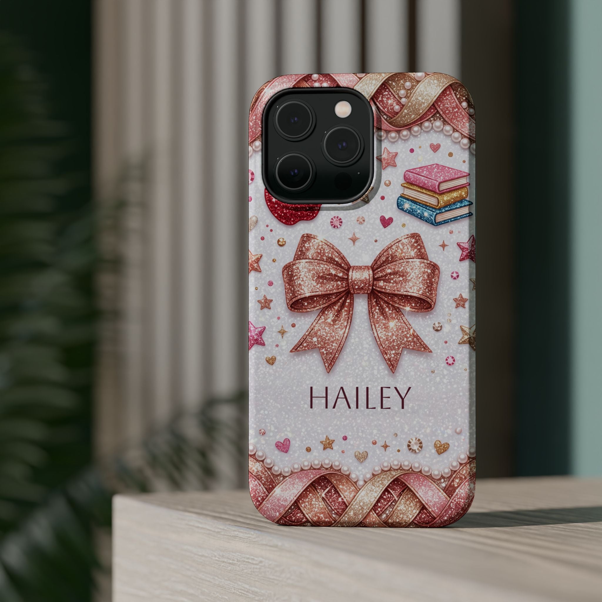 Rose Gold Glitter Bow Personalized Teacher Phone Case — Wireless Charging Cover