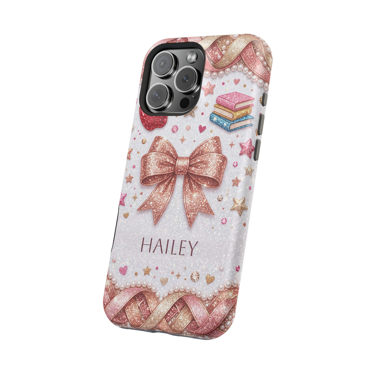 Rose Gold Glitter Bow Personalized Teacher Phone Case — Wireless Charging Cover