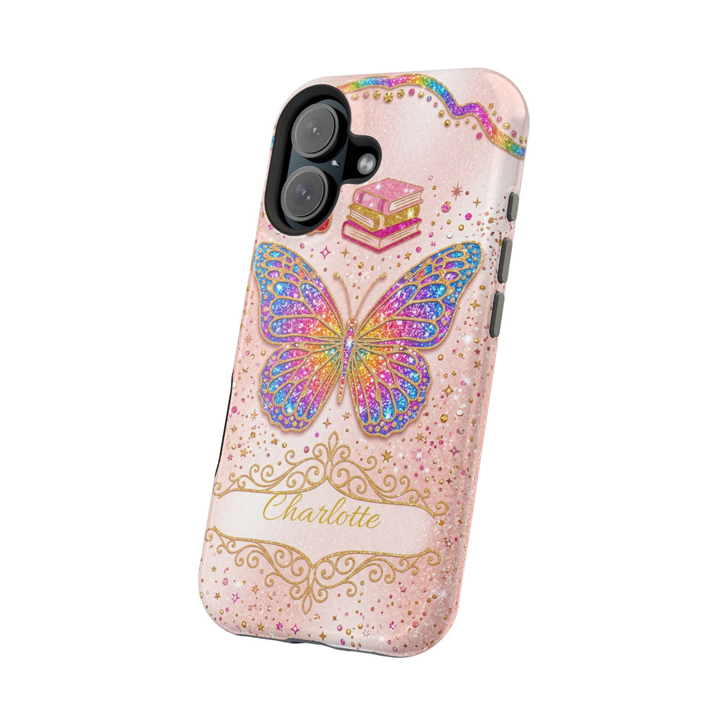 Blush Glitter Butterfly Personalized Teacher Phone Case — Wireless Charging Cover