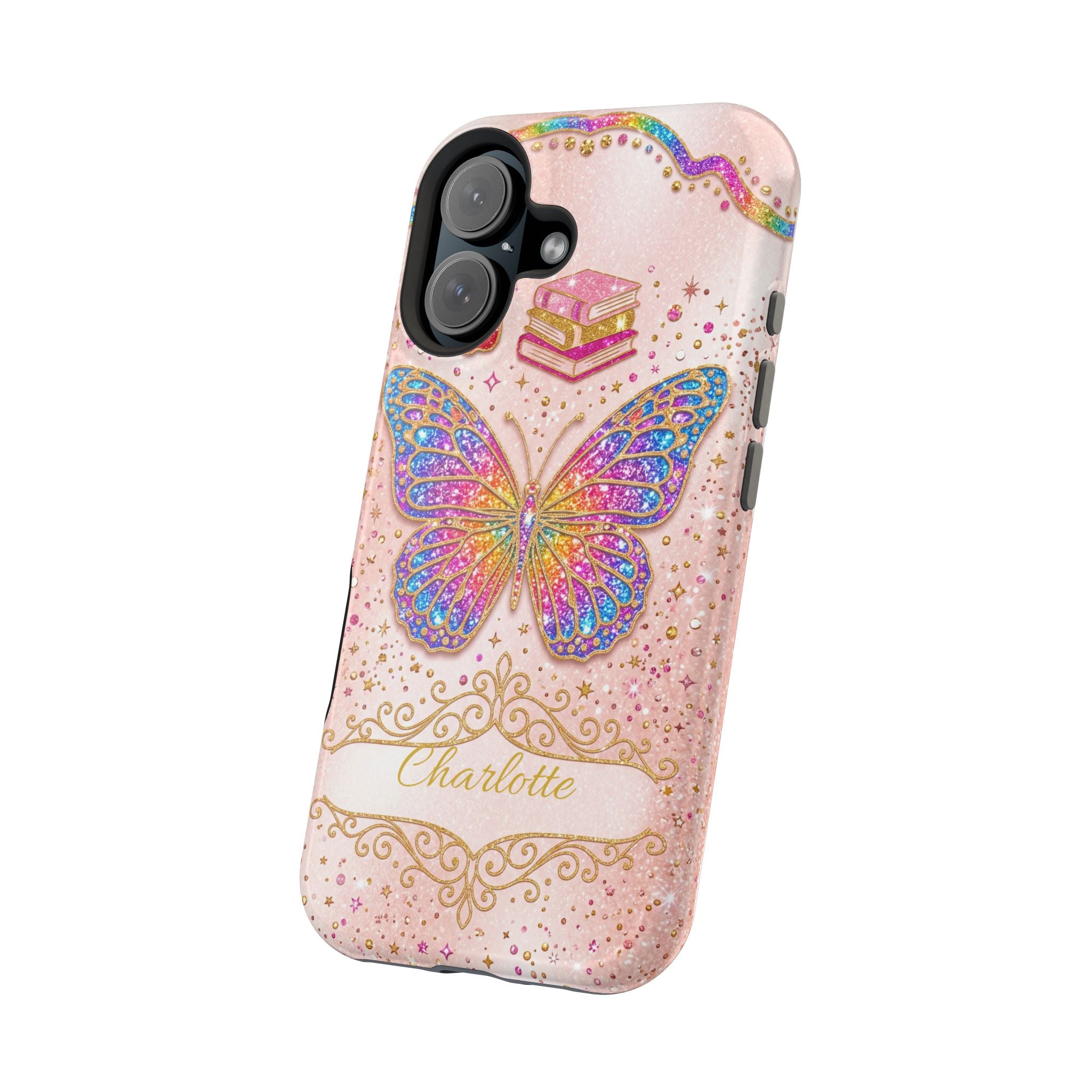Blush Glitter Butterfly Personalized Teacher Phone Case — Wireless Charging Cover